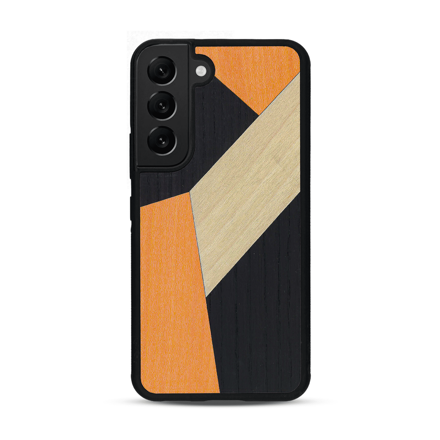 Coque de protection en bois véritable fabriquée en France pour  alliant du bambou, du tulipier orange et noir en forme de mosaïque minimaliste sur le thème de l'art abstrait