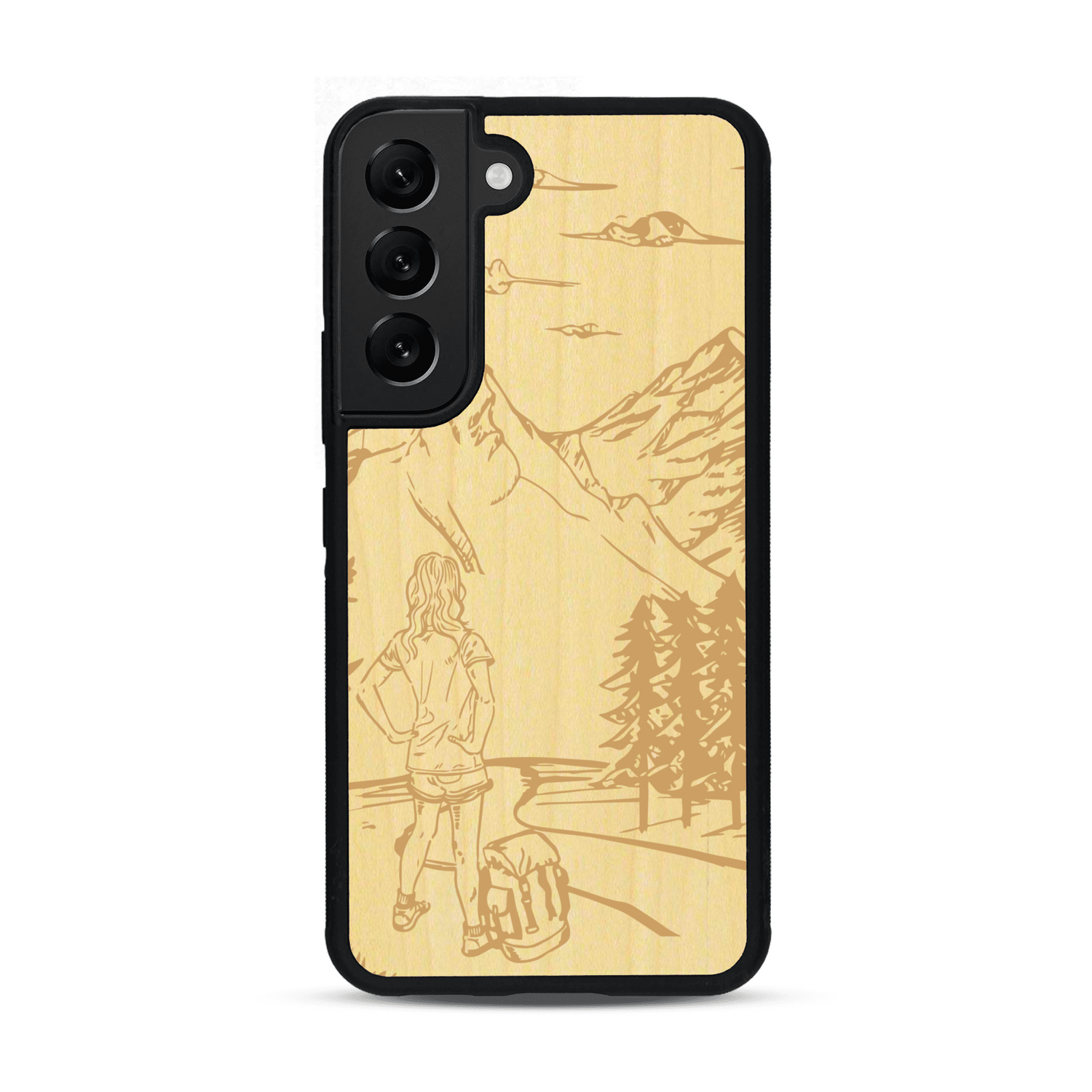 Coque de protection en bois véritable fabriquée en France pour  sur le thème de la randonnée en montagne et de l'aventure avec une gravure représentant une femme de dos face à un paysage de nature