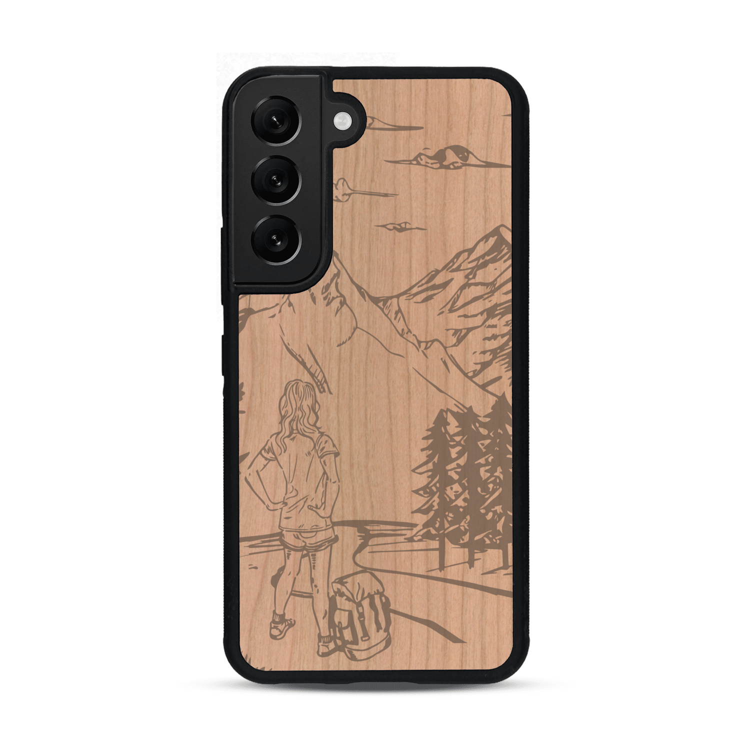 Coque de protection en bois véritable fabriquée en France pour  sur le thème de la randonnée en montagne et de l'aventure avec une gravure représentant une femme de dos face à un paysage de nature