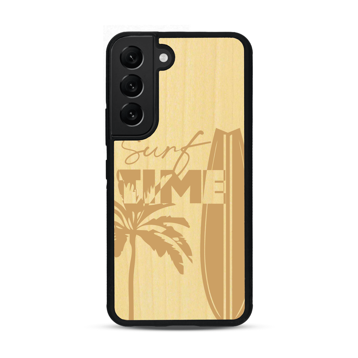 Coque de protection en bois véritable fabriquée en France pour  sur le thème chill avec un motif représentant une silouhette tenant une planche de surf sur une plage entouré de palmiers et les mots "Surf Time Long Beach Miami"