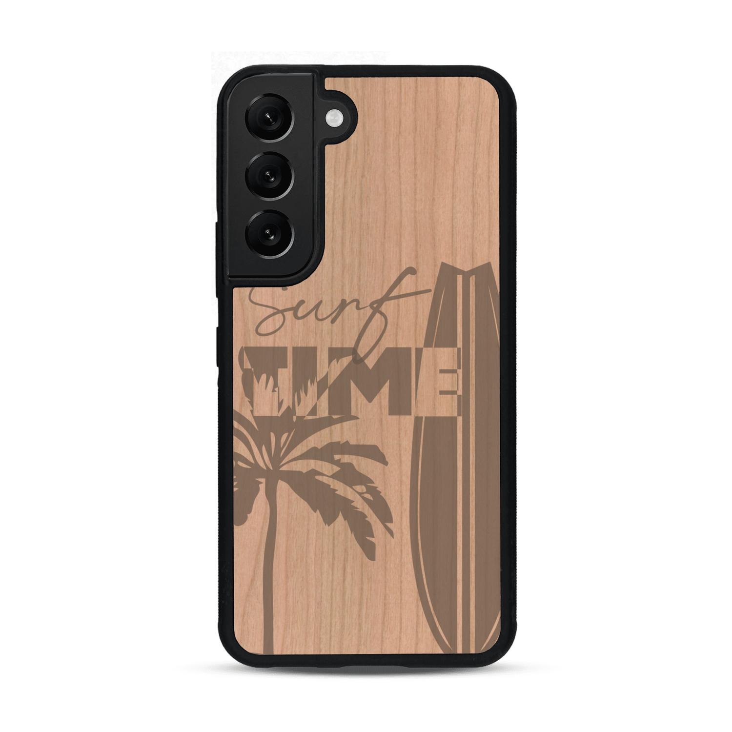 Coque de protection en bois véritable fabriquée en France pour  sur le thème chill avec un motif représentant une silouhette tenant une planche de surf sur une plage entouré de palmiers et les mots "Surf Time Long Beach Miami"