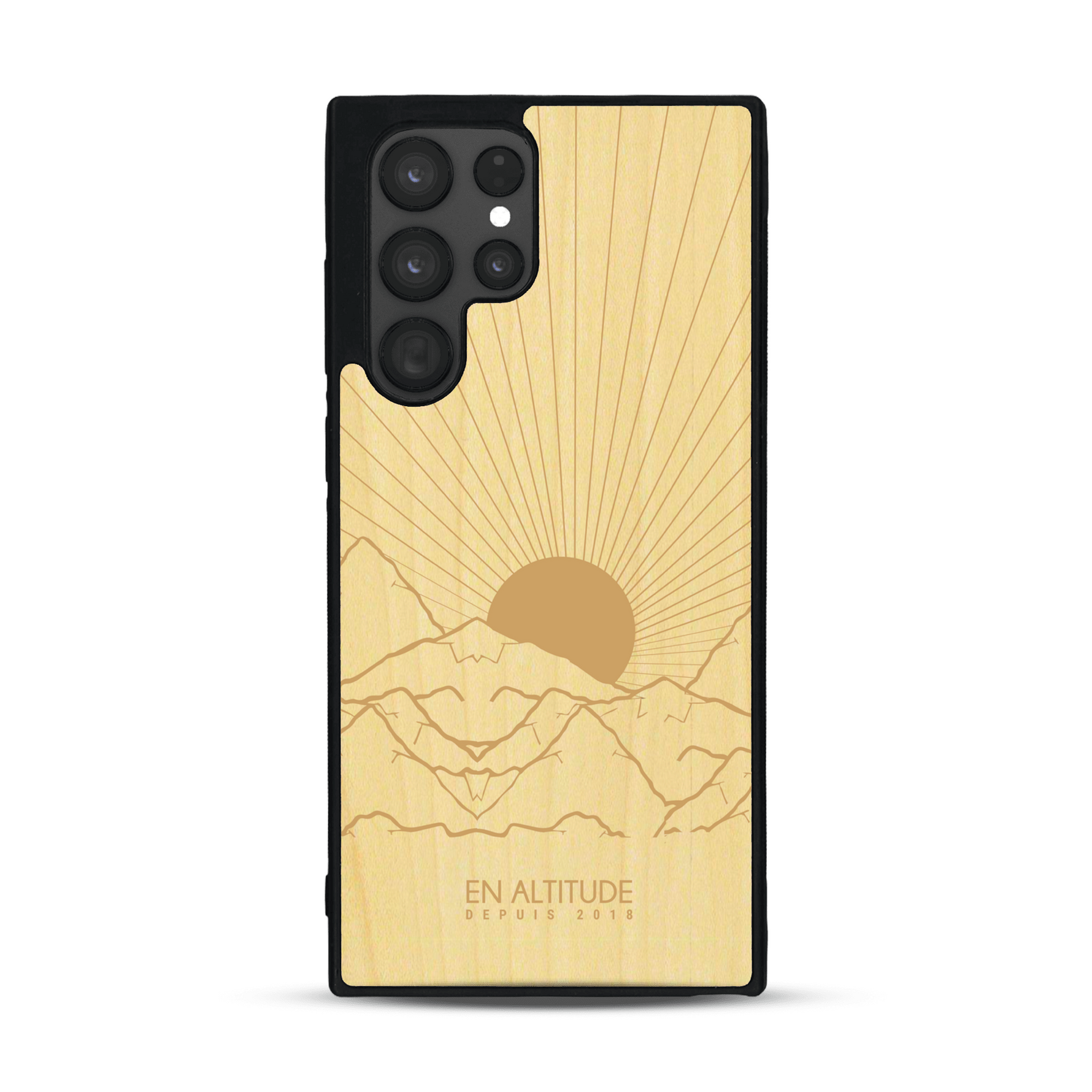Coque de protection en bois véritable fabriquée en France pour  représentant des montagnes, sur le thème de la randonnée en pleine nature et du trail