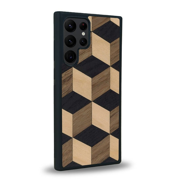 Coque de protection en bois véritable fabriquée en France pour Samsung S22 Ultra alliant plusieurs essences de bois pour représenter un classique intemporel de la marqueterie