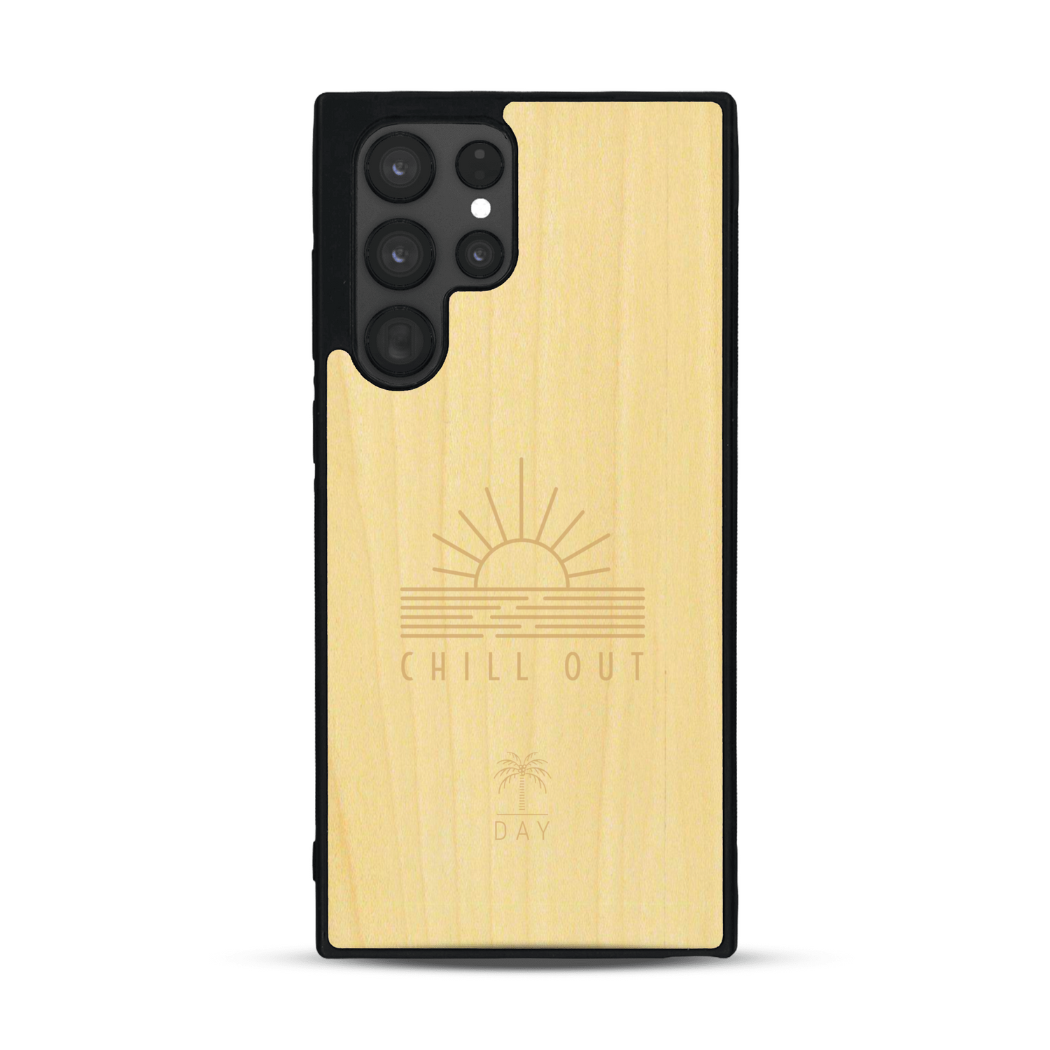 Coque de protection en bois véritable fabriquée en France pour  sur le thème chill avec un motif représentant un couché de soleil sur l'océan et la phrase "Chill out"