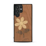 Coque de protection en bois véritable fabriquée en France pour  alliant plusieurs essences de bois pour représenter une marguerite