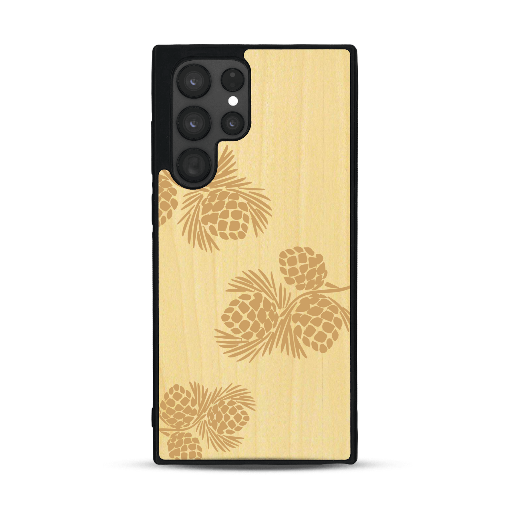 Coque de protection en bois véritable fabriquée en France pour  sur le thème de la nature des arbres avec un motif de gravure représentant des épines de sapin et des pommes de pin