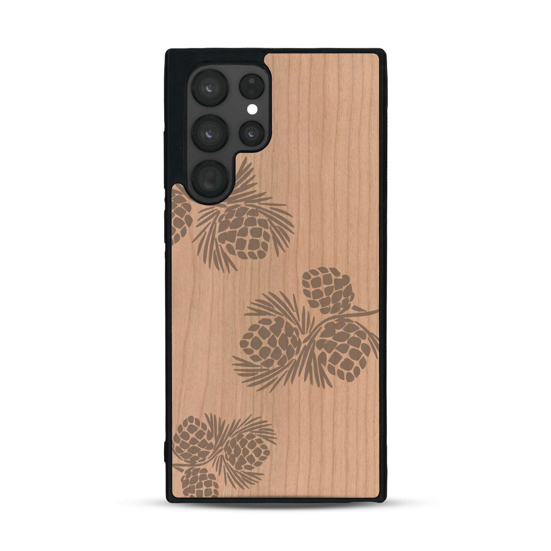 Coque de protection en bois véritable fabriquée en France pour  sur le thème de la nature des arbres avec un motif de gravure représentant des épines de sapin et des pommes de pin