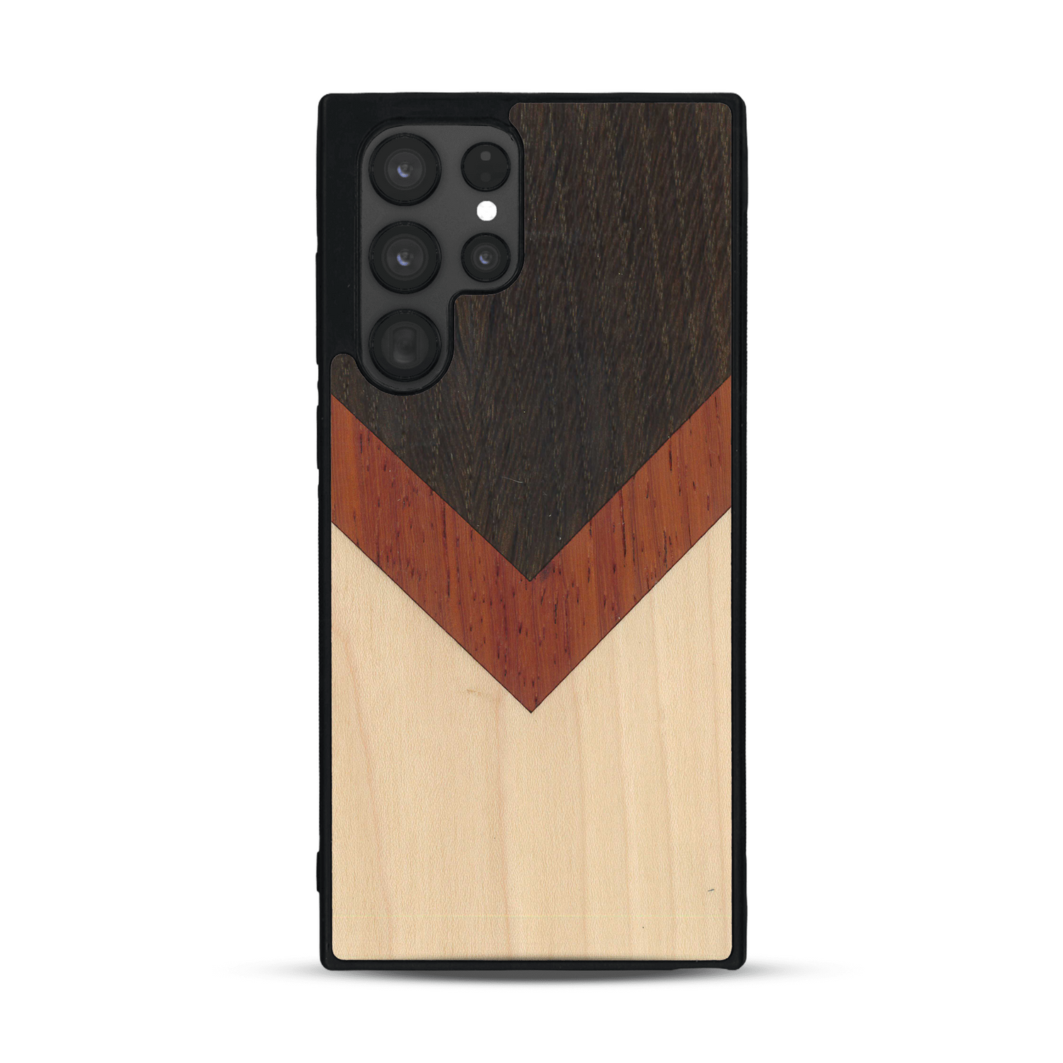 Coque de protection en bois véritable fabriquée en France pour  alliant du chêne fumé, du padouk et du bambou en forme de chevron sur le thème de l'art abstrait