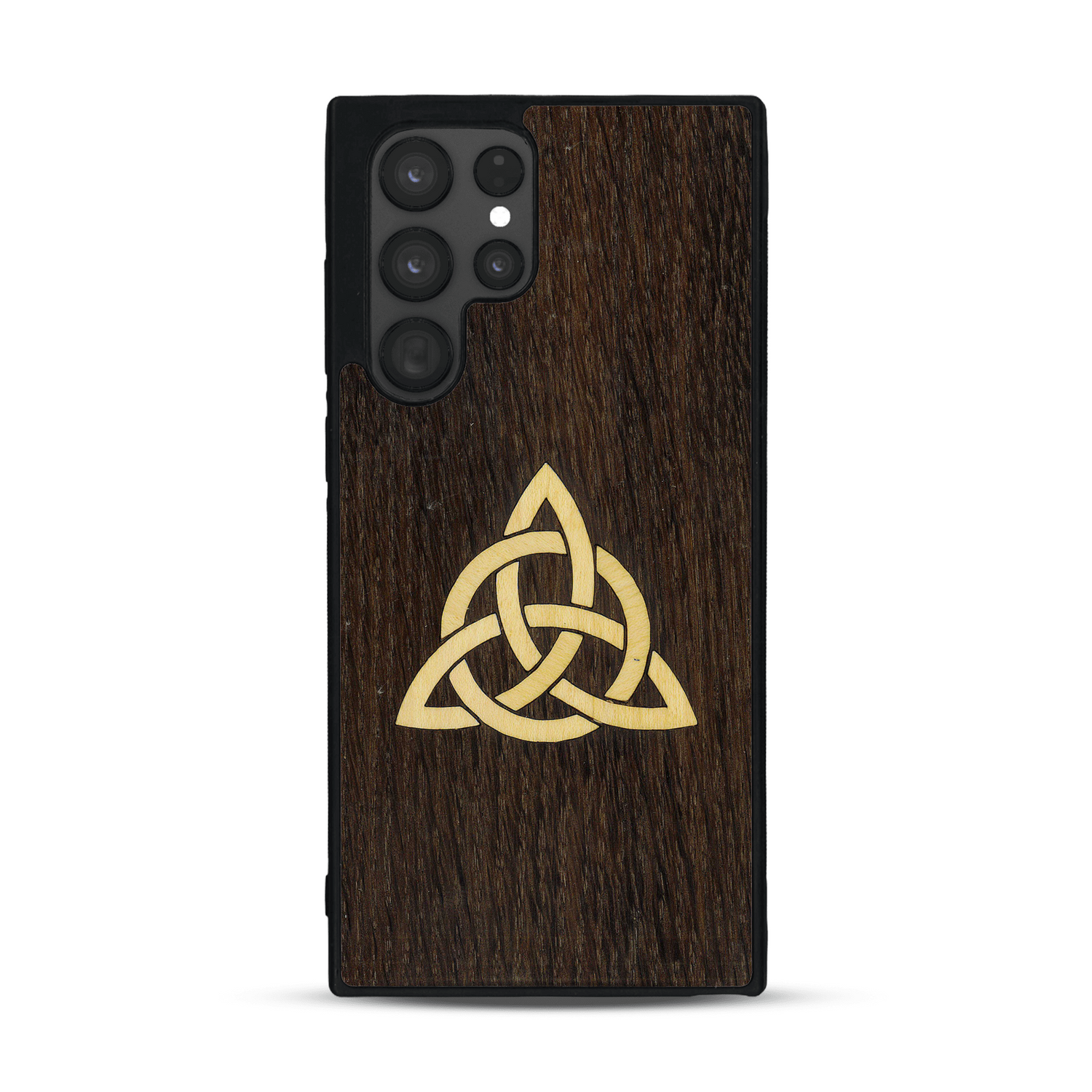 Coque de protection en bois véritable fabriquée en France pour  alliant du chêne fumé et du bambou représentant une triquetra