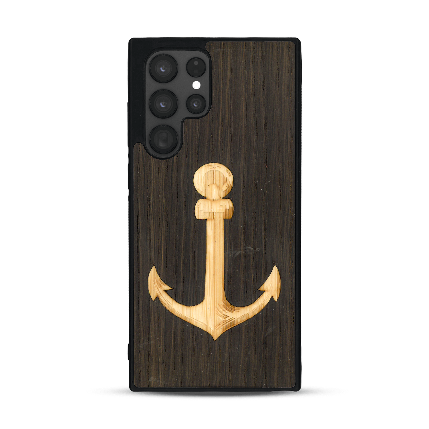 Coque de protection en bois véritable fabriquée en France pour  sur le thème nautique avec un bois clair et un bois foncé représentant une ancre de bateau