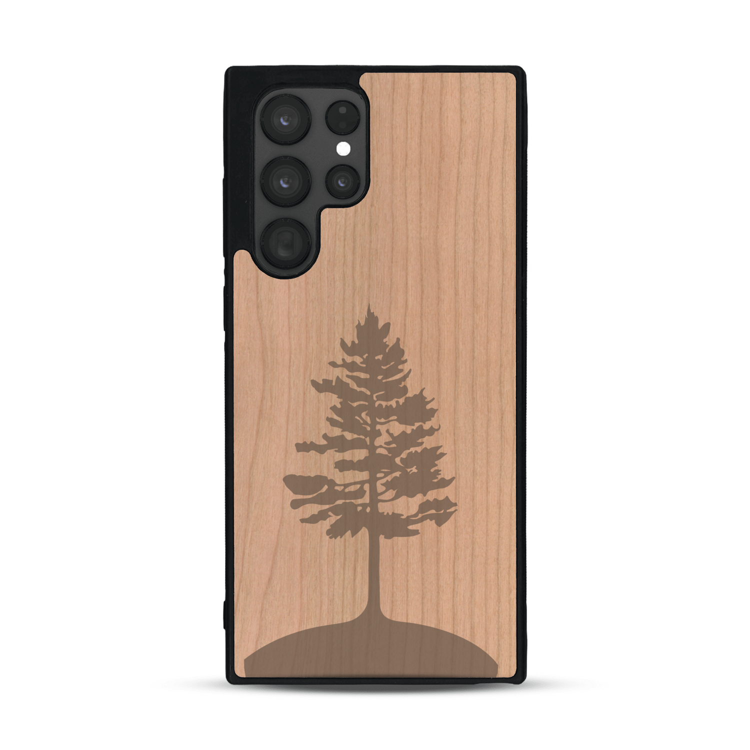 Coque de protection en bois véritable fabriquée en France pour  sur le thème de la nature, de la fôret et de l'écoresponsabilité avec une gravure représentant un arbre 