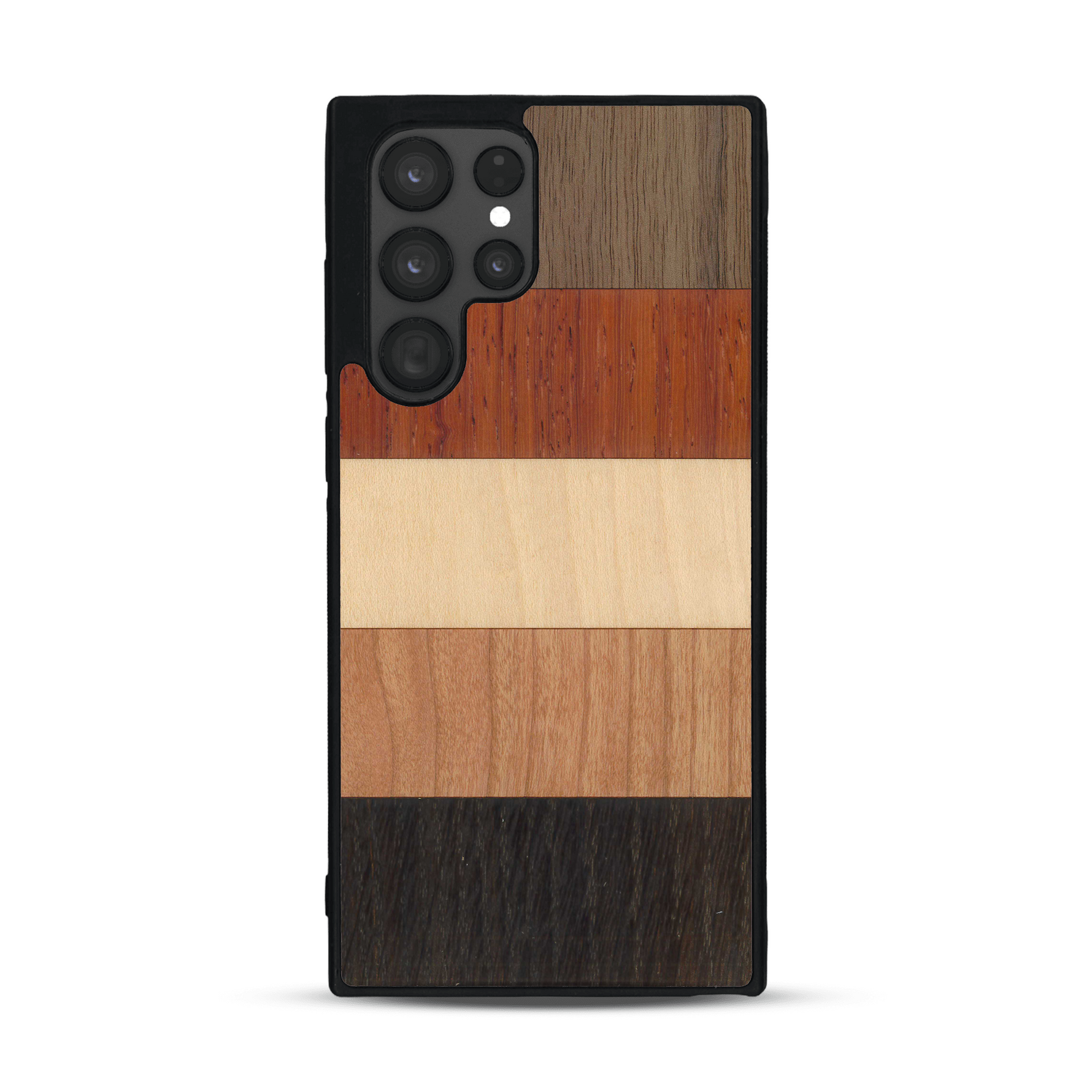 Coque de protection en bois véritable fabriquée en France pour  alliant des bandes horizontales de bambou, merisier, padouk, noyer et chêne fumé