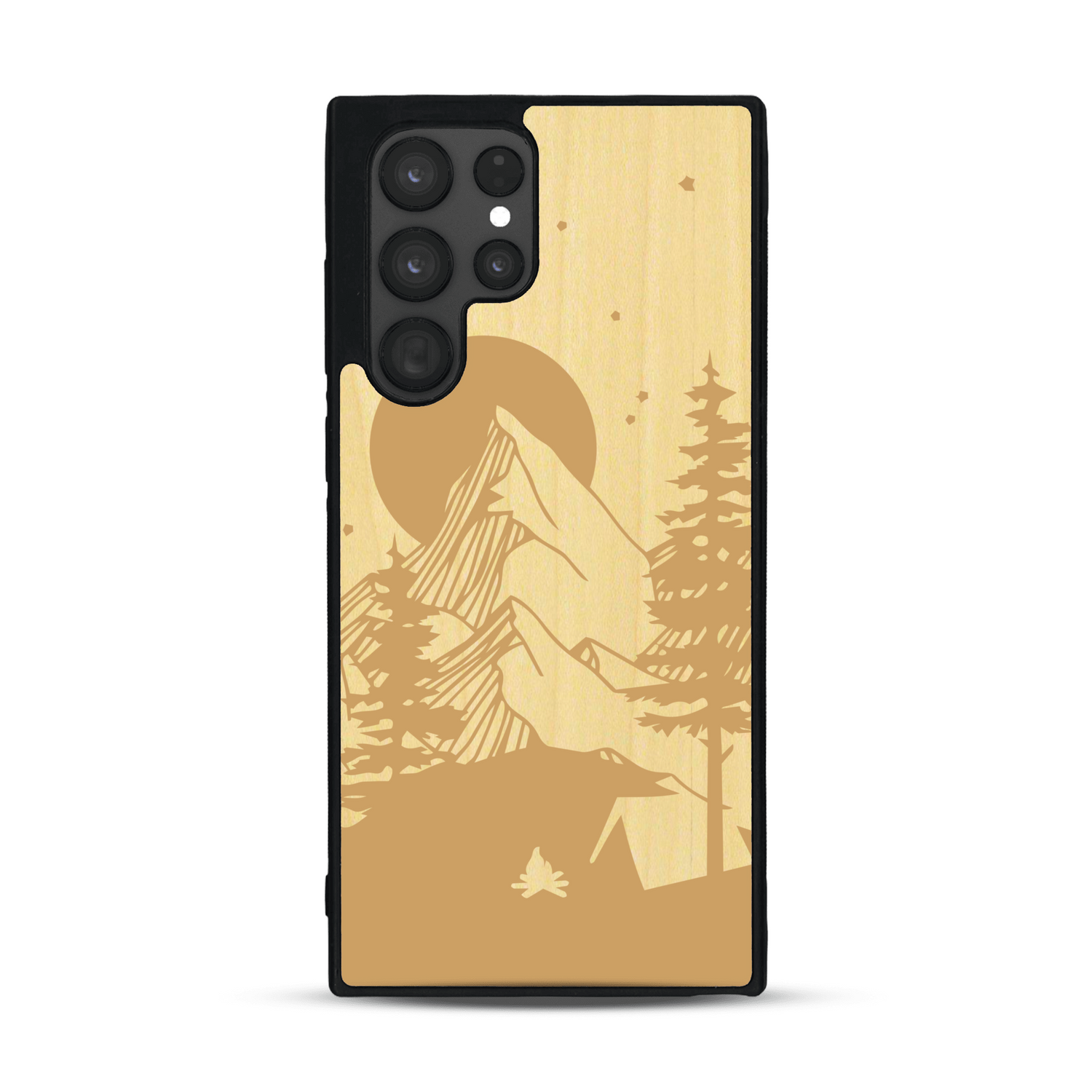 Coque de protection en bois véritable fabriquée en France pour  sur le thème du camping en pleine nature représentant une tente avec un feu de camp entouré de montagnes