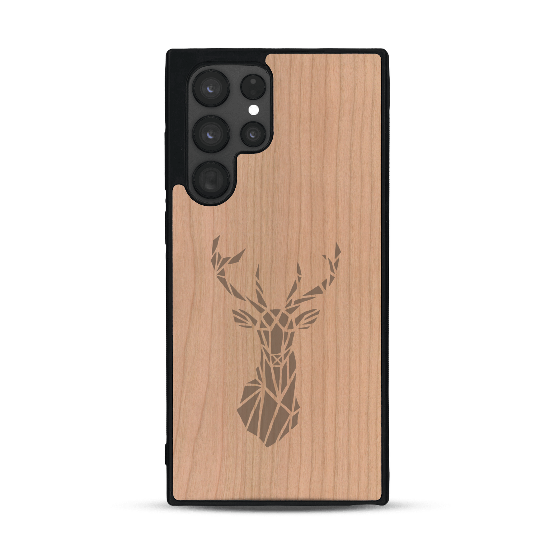 Coque de protection en bois véritable fabriquée en France pour  sur le thème de la nature et des animaux représentant une tête de cerf gométrique avec un design moderne et minimaliste