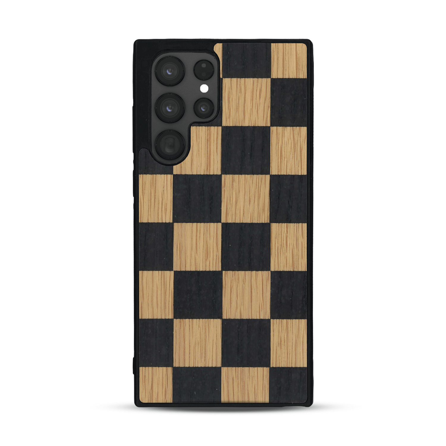 Coque de protection en bois véritable fabriquée en France pour  alliant plusieurs essences de bois pour représenter un damier