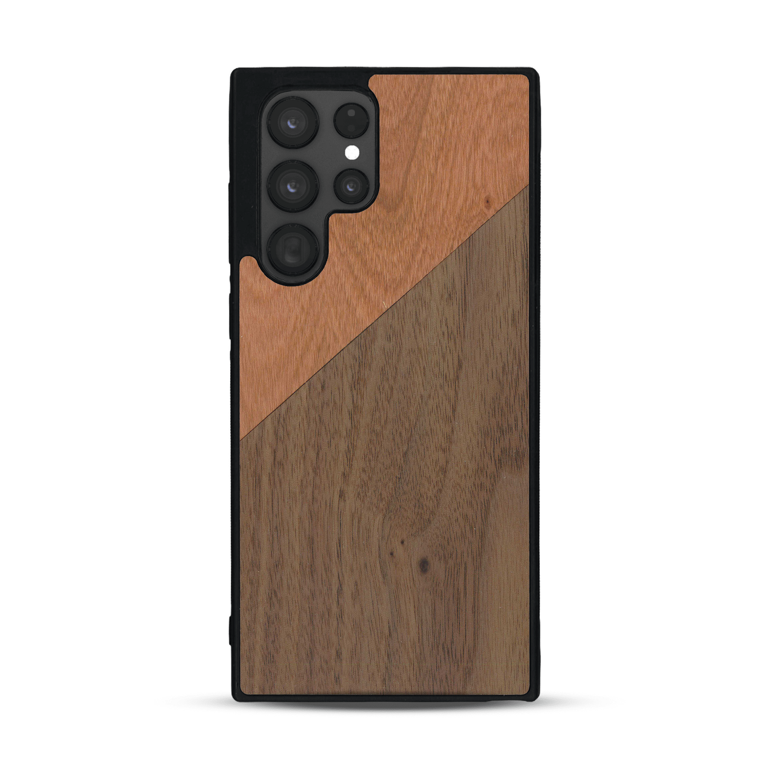 Coque de protection en bois véritable fabriquée en France pour  alliant du merisier et du noyer formant chacun un triangle avec une jointure en diagonale sur le thème de l'art abstrait