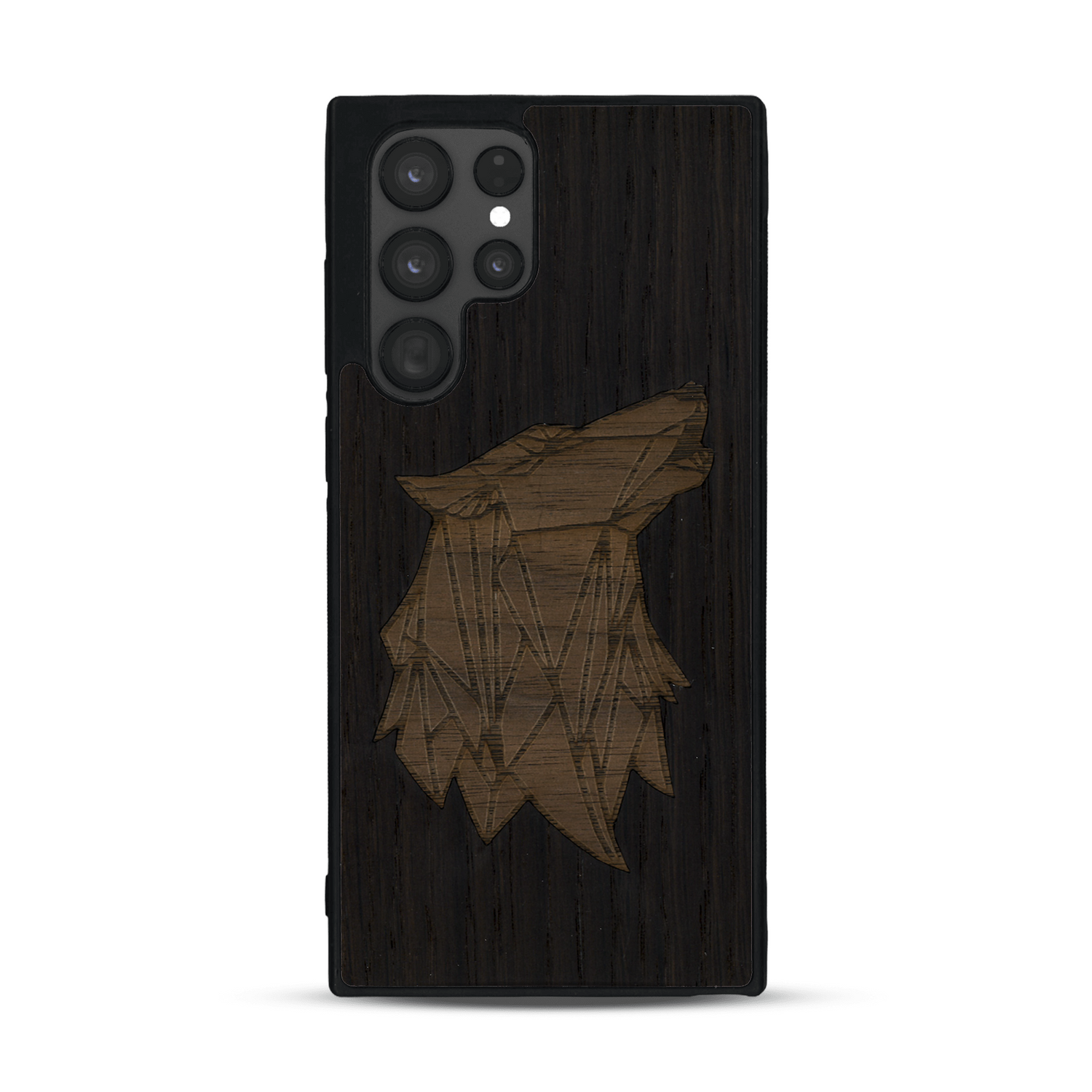 Coque de protection en bois véritable fabriquée en France pour  alliant du chêne fumé et du noyer représentant une tête de loup géométrique de profil sur le thème des animaux et de la nature