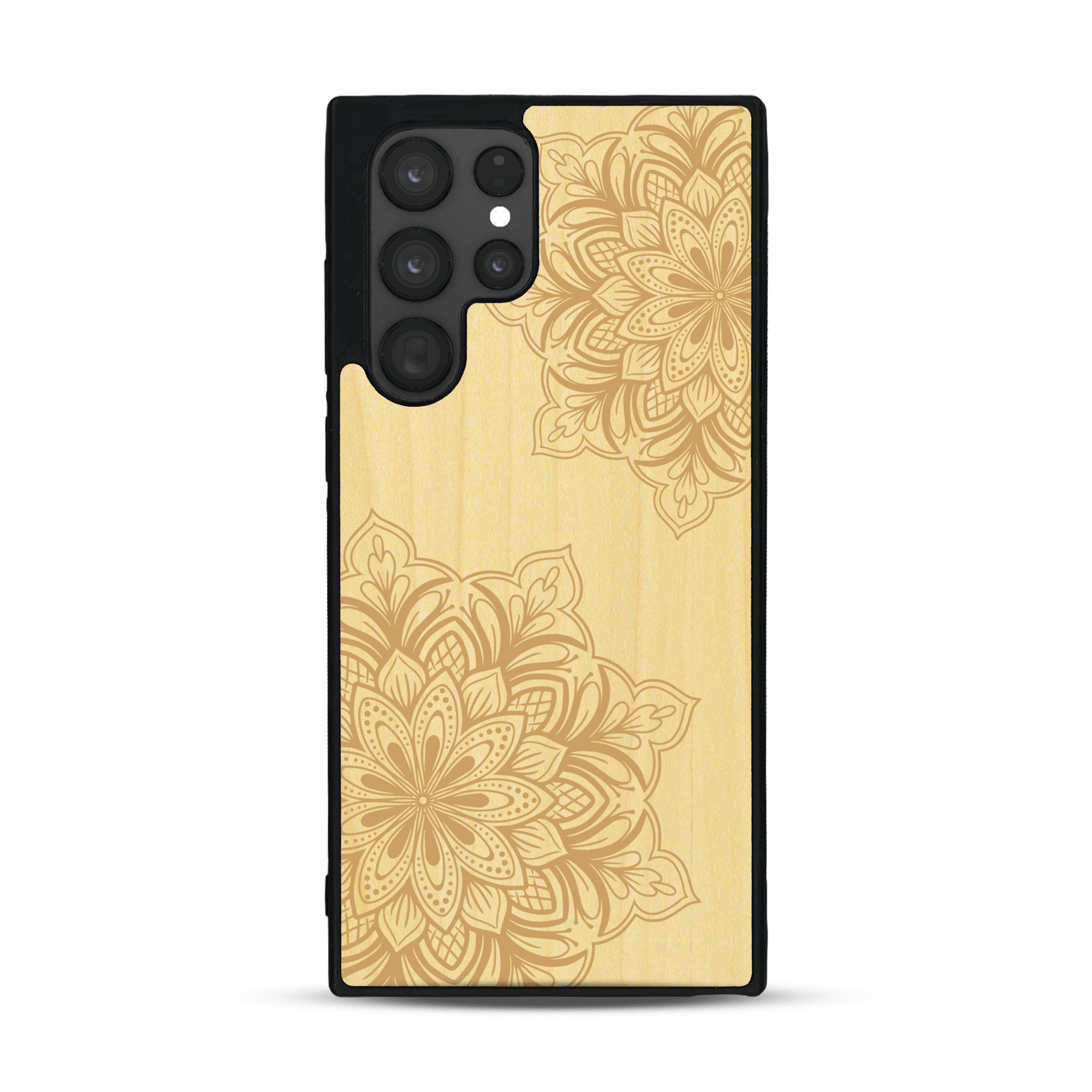 Coque de protection en bois véritable fabriquée en France pour  sur le thème de la bohème et du tatouage au henné avec une gravure représentant un mandala