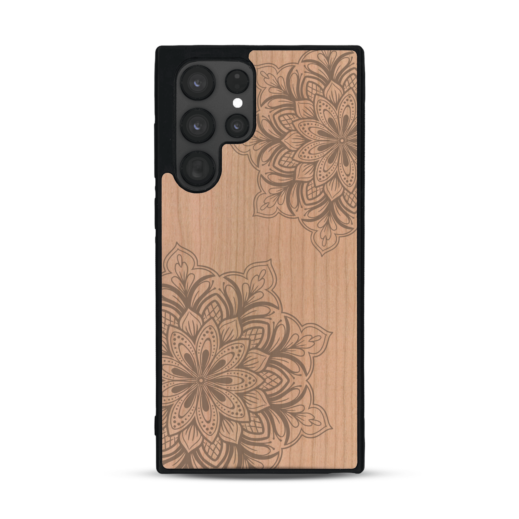 Coque de protection en bois véritable fabriquée en France pour  sur le thème de la bohème et du tatouage au henné avec une gravure représentant un mandala