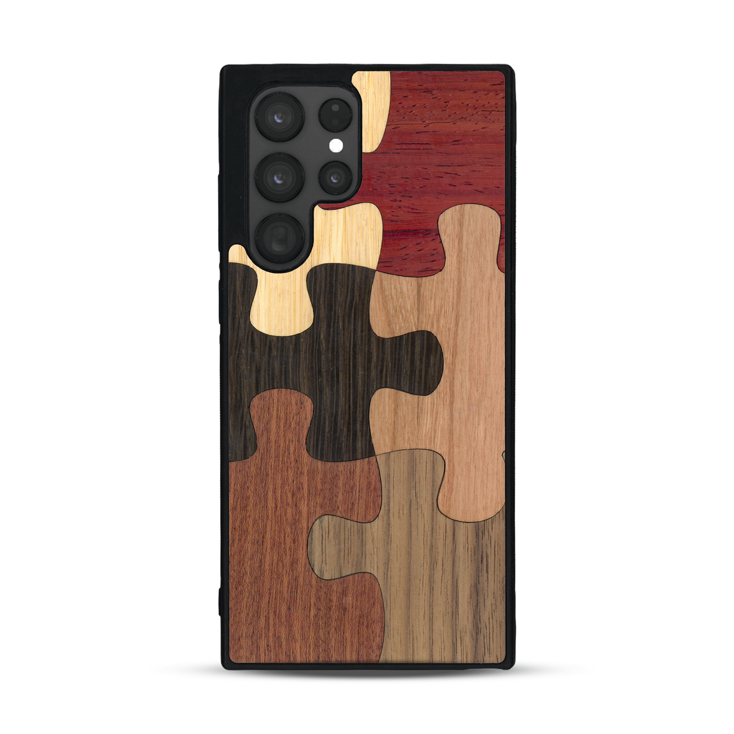 Coque de protection en bois véritable fabriquée en France pour  représentant un puzzle en six pièces qui allie du chêne fumé, du noyer, du bambou, du padouk, du merisier et de l'acajou
