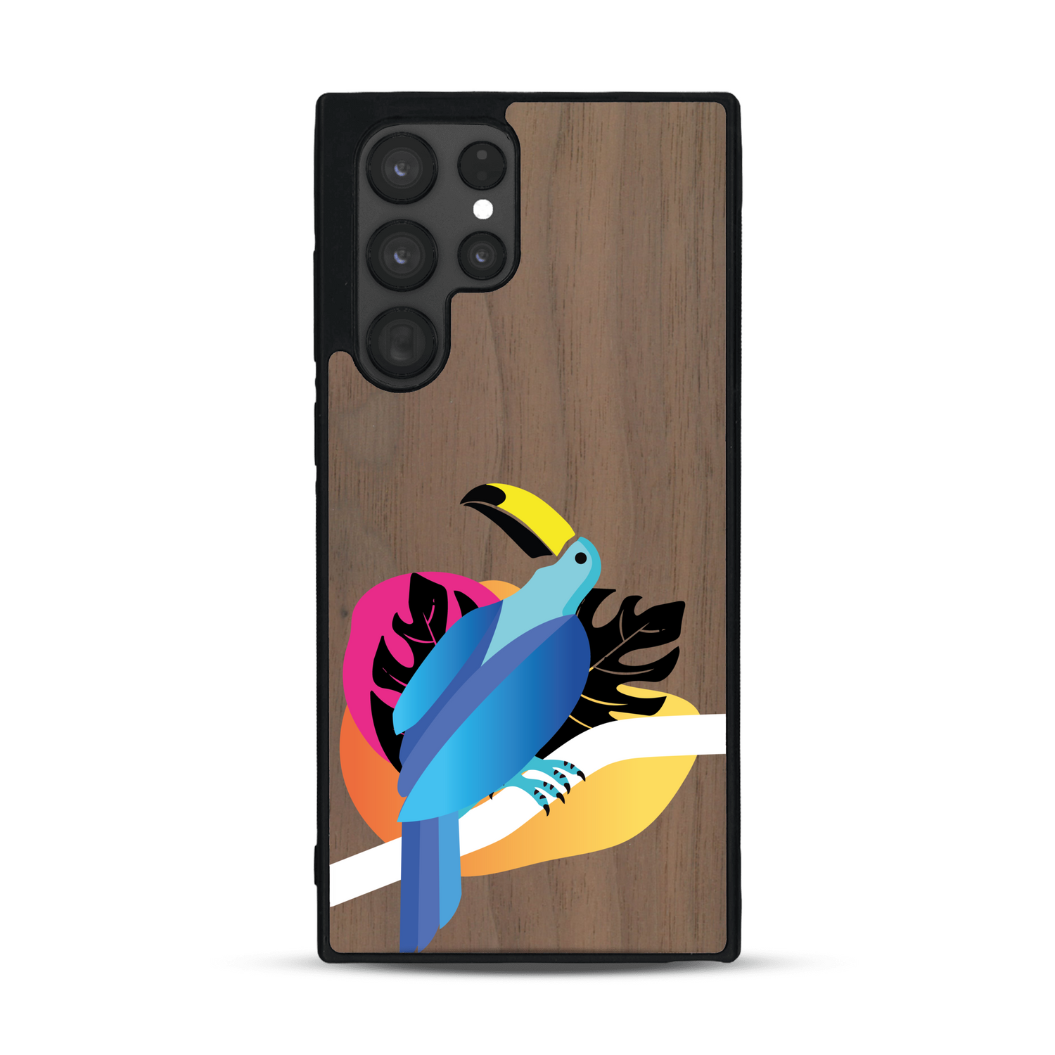 Coque de protection en bois véritable fabriquée en France pour Samsung S22 Ultra représentant un toucan coloré avec un design moderne et minimaliste sur le thème de la jungle et de la nature