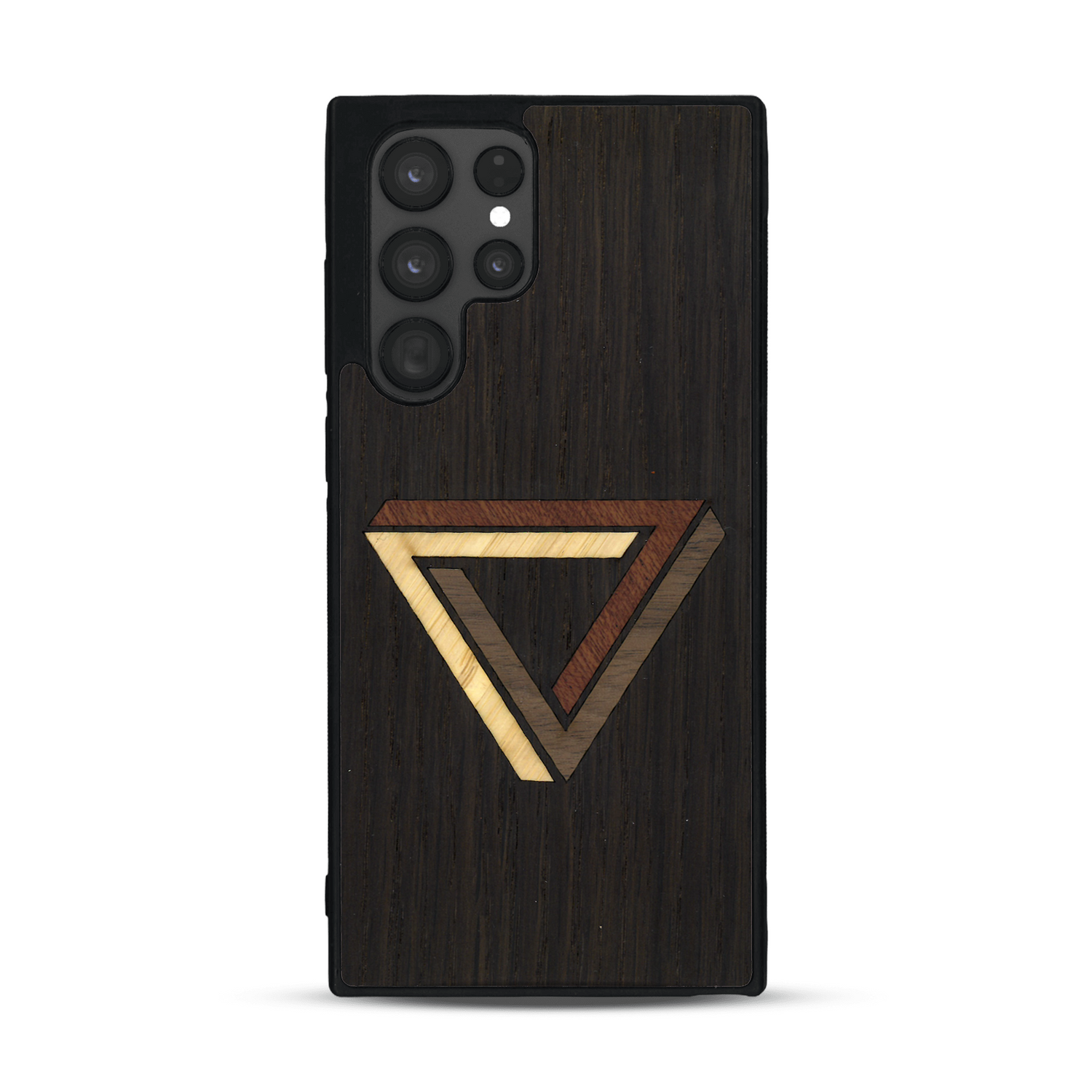 Coque de protection en bois véritable fabriquée en France pour  sur le thème de l'art géométrique qui allie du chêne fumé, du noyer, du bambou et du padouk représentant le triangle de penrose