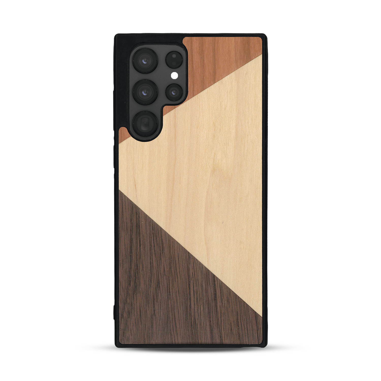 Coque de protection en bois véritable fabriquée en France pour  alliant du merisier, du noyer et du bambou formant chacun deux triangles et un trapèze avec deux jointures en diagonale sur le thème de l'art abstrait