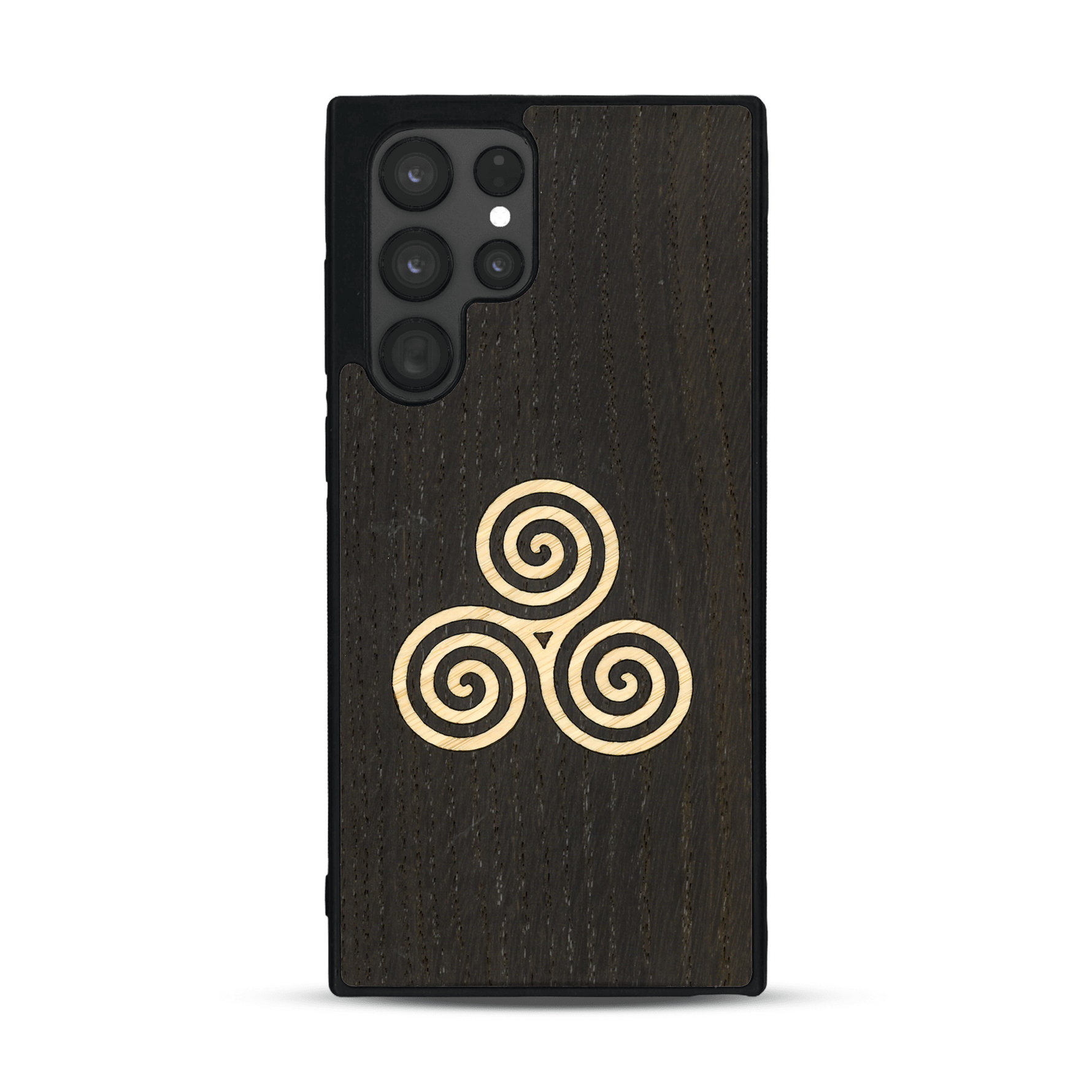 Coque de protection en bois véritable fabriquée en France pour  alliant du chêne fumé et du bambou et doré représentant un triskell