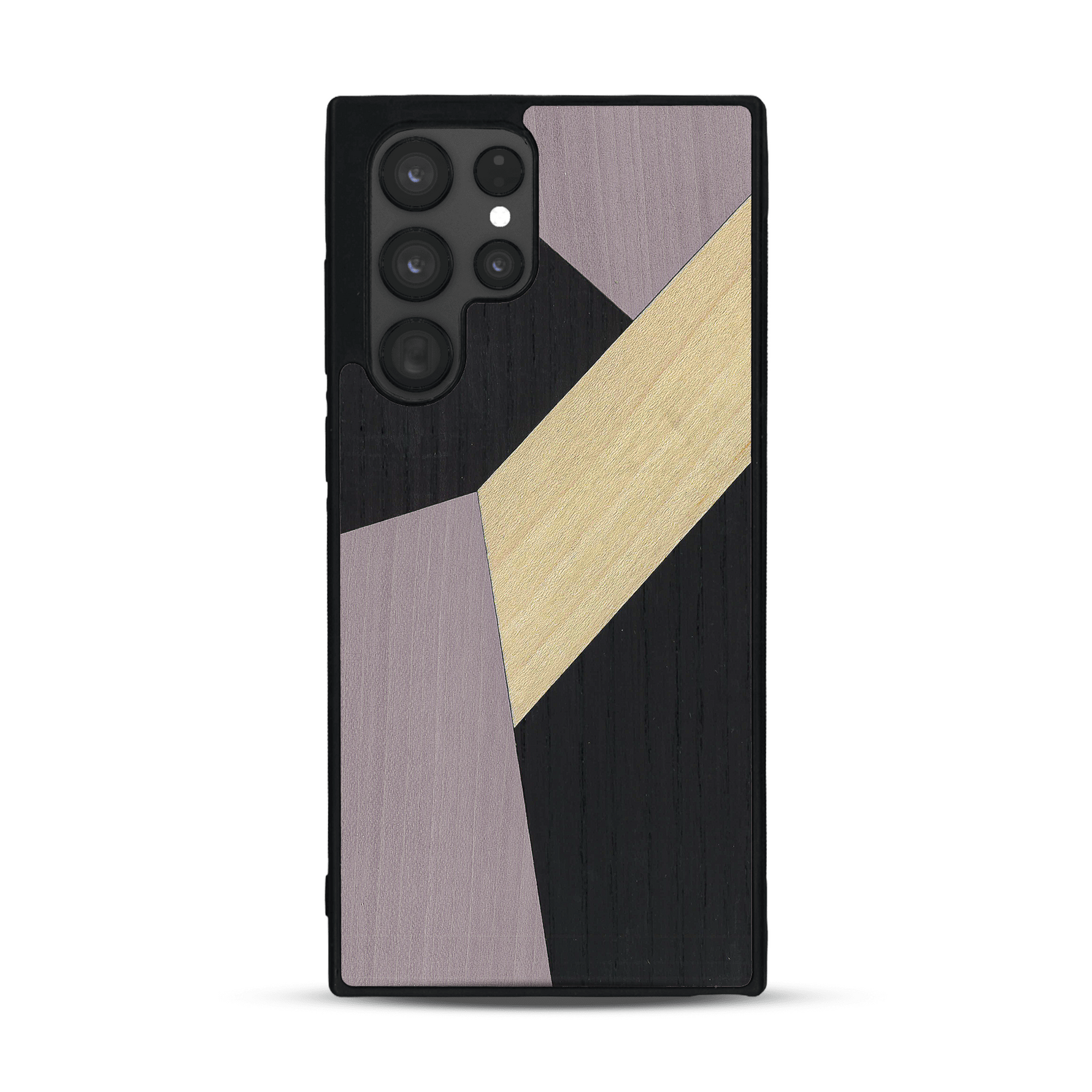 Coque de protection en bois véritable fabriquée en France pour  alliant du bambou, du tulipier mauve et noir en forme de mosaïque minimaliste sur le thème de l'art abstrait