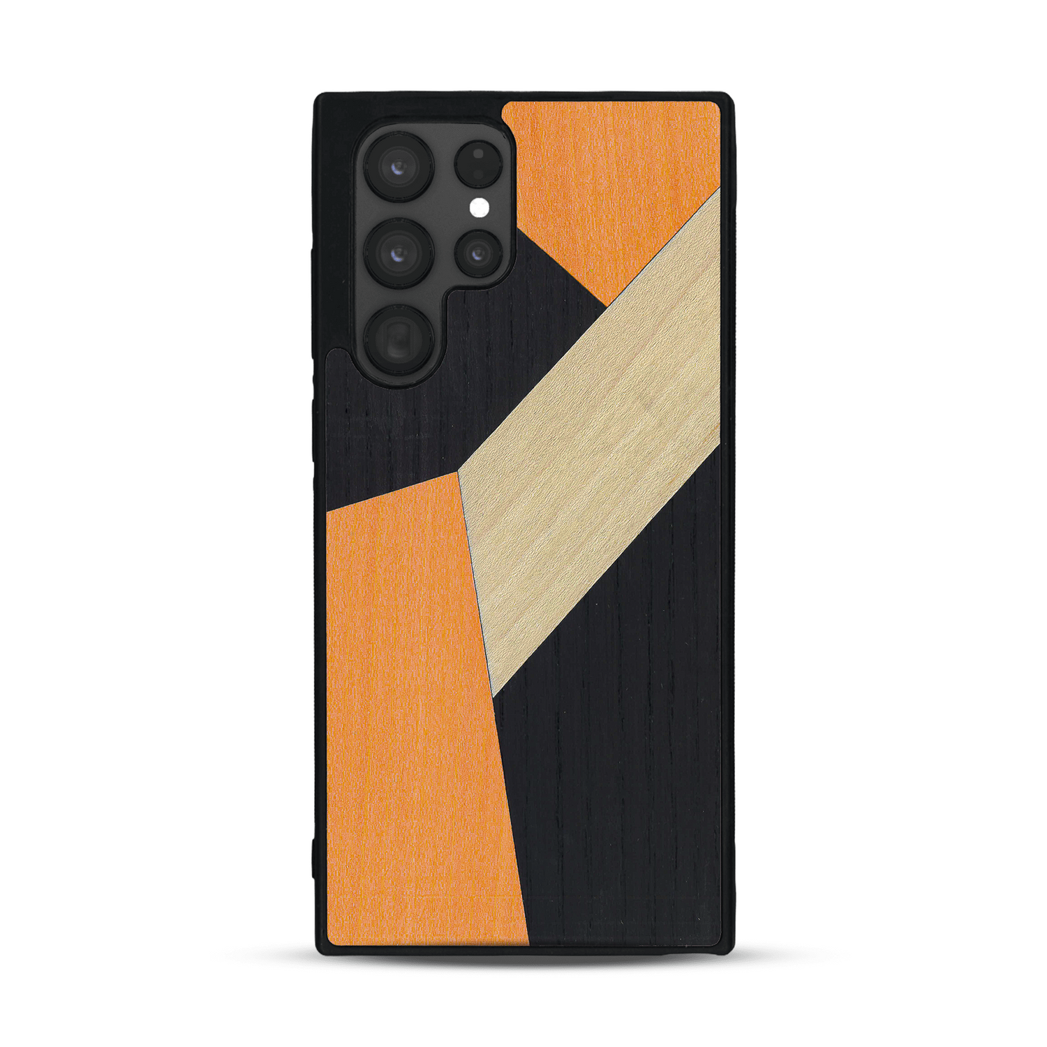 Coque de protection en bois véritable fabriquée en France pour  alliant du bambou, du tulipier orange et noir en forme de mosaïque minimaliste sur le thème de l'art abstrait