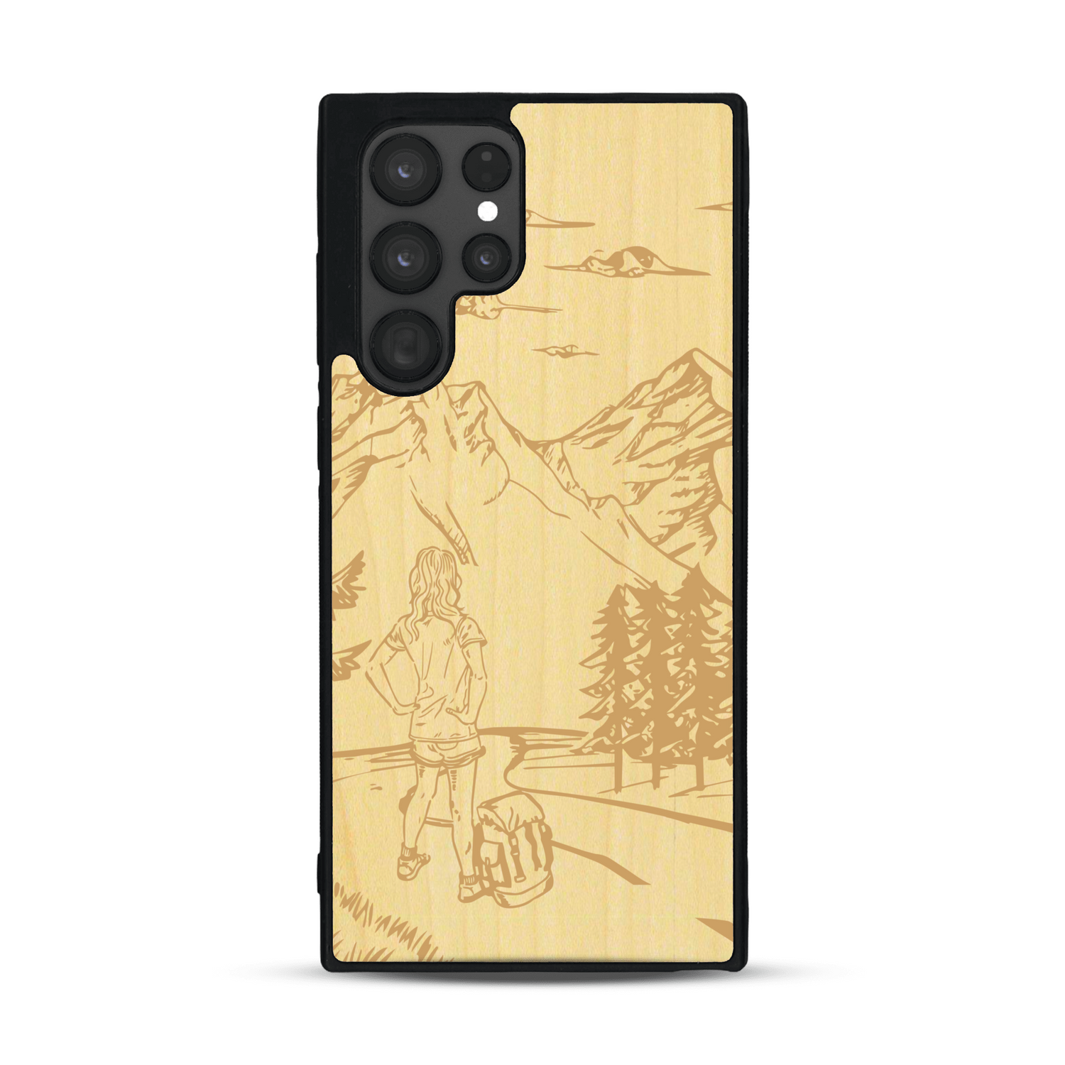 Coque de protection en bois véritable fabriquée en France pour  sur le thème de la randonnée en montagne et de l'aventure avec une gravure représentant une femme de dos face à un paysage de nature