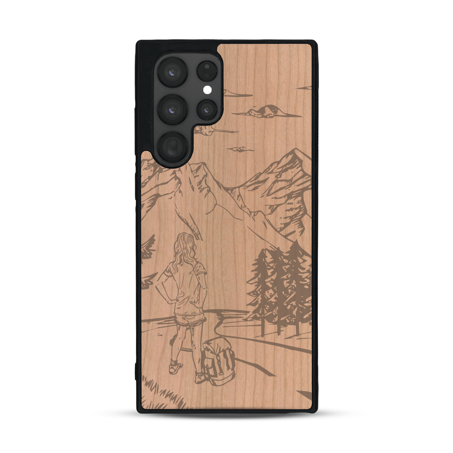 Coque de protection en bois véritable fabriquée en France pour  sur le thème de la randonnée en montagne et de l'aventure avec une gravure représentant une femme de dos face à un paysage de nature