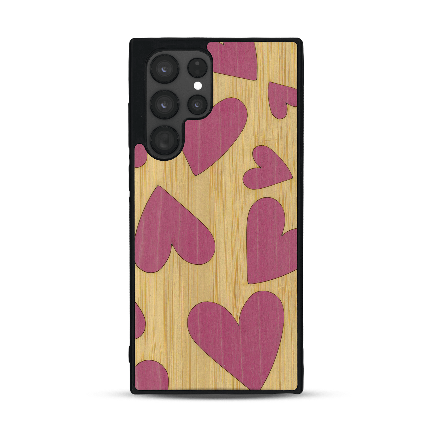 Coque de protection en bois véritable fabriquée en France pour  alliant plusieurs essences de bois pour représenter des coeurs pour les amoureux