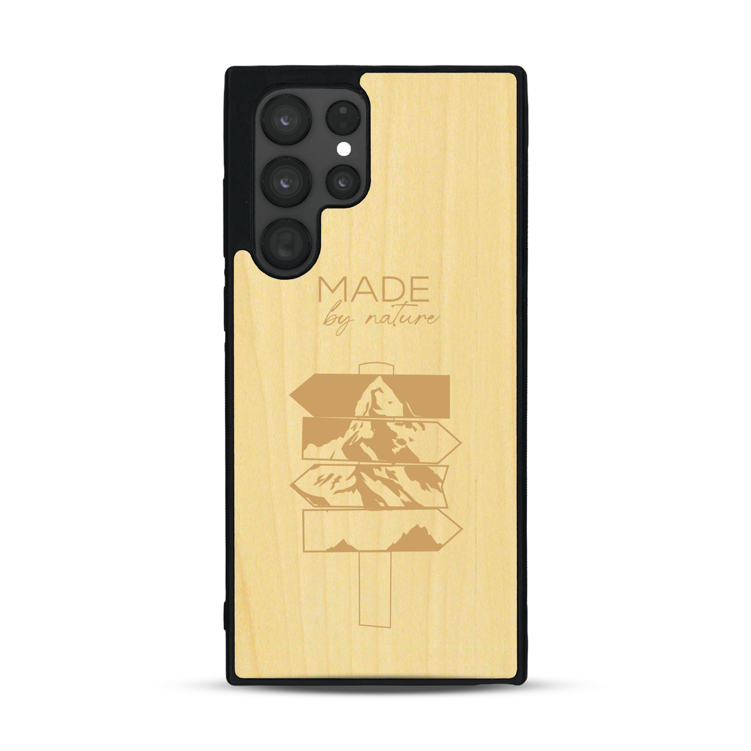 Coque de protection en bois véritable fabriquée en France pour  sur le thème de la nature et des arbres avec une gravure représentant une pomme de pin et la phrase "made by nature"