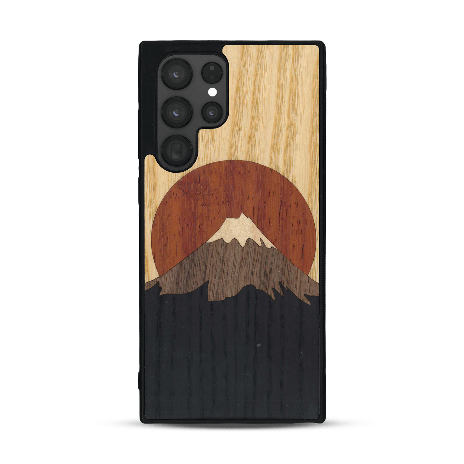 Coque de protection en bois véritable fabriquée en France pour  alliant plusieurs essences de bois pour représenter le mont Fuji