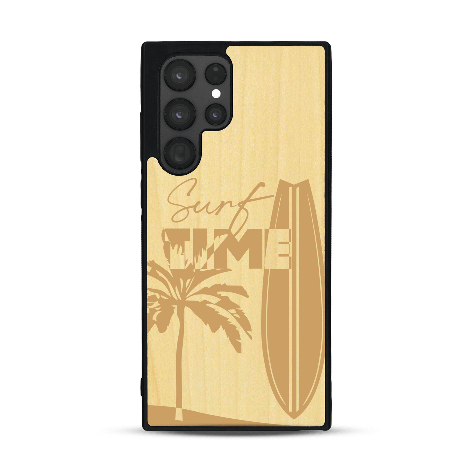 Coque de protection en bois véritable fabriquée en France pour  sur le thème chill avec un motif représentant une silouhette tenant une planche de surf sur une plage entouré de palmiers et les mots "Surf Time Long Beach Miami"