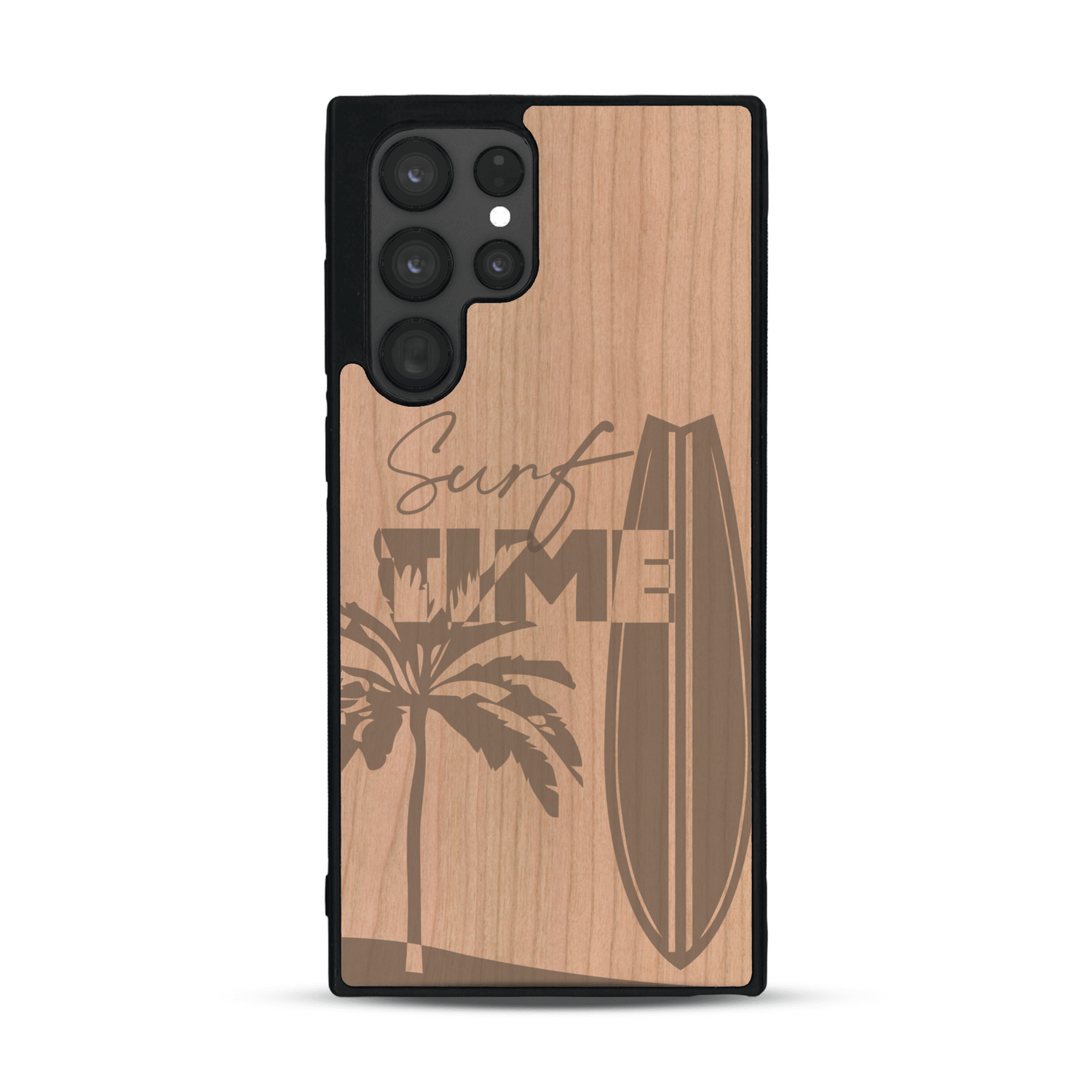 Coque de protection en bois véritable fabriquée en France pour  sur le thème chill avec un motif représentant une silouhette tenant une planche de surf sur une plage entouré de palmiers et les mots "Surf Time Long Beach Miami"
