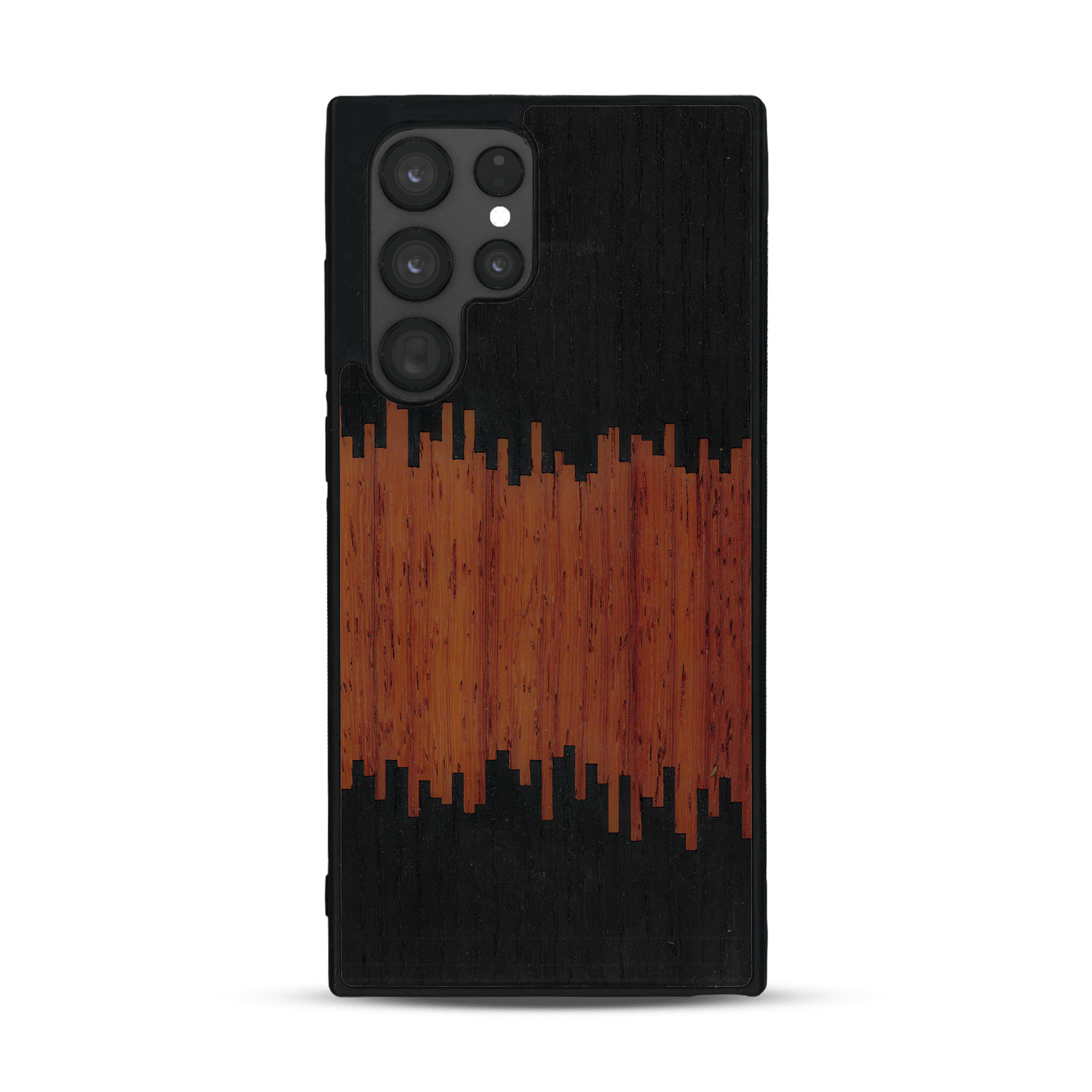 Coque de protection en bois véritable fabriquée en France pour  alliant plusieurs essences de bois pour représenter du magma en fusion