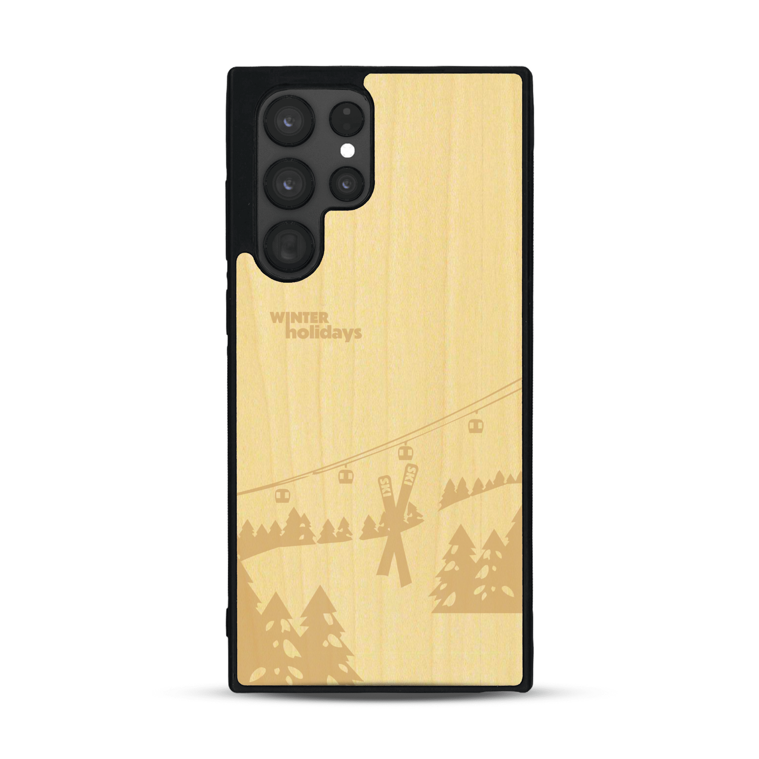 Coque de protection en bois véritable fabriquée en France pour  sur le thème de la montagne, du ski et de la neige avec un motif représentant une paire de ski plantée dans la neige avec en fond des montagnes enneigées