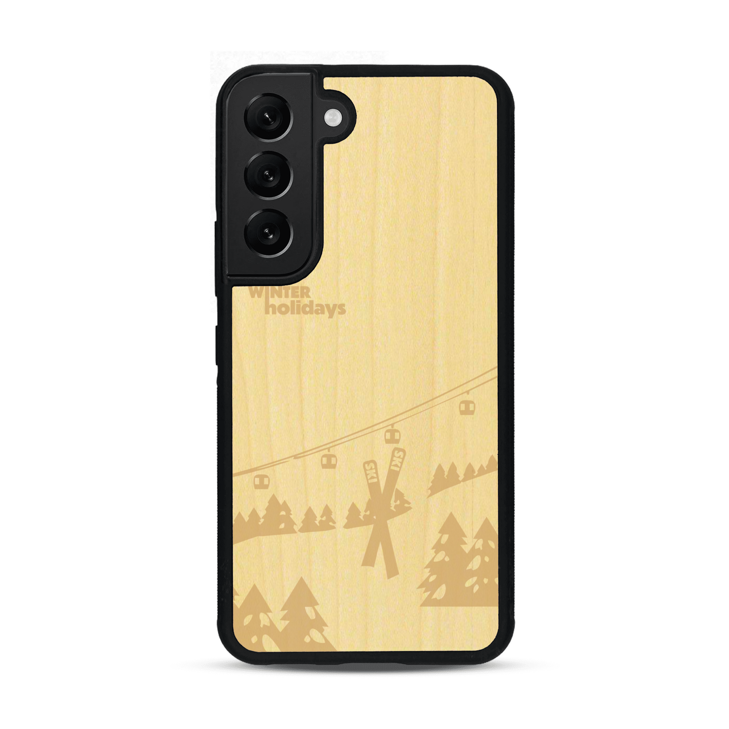 Coque de protection en bois véritable fabriquée en France pour  sur le thème de la montagne, du ski et de la neige avec un motif représentant une paire de ski plantée dans la neige avec en fond des montagnes enneigées