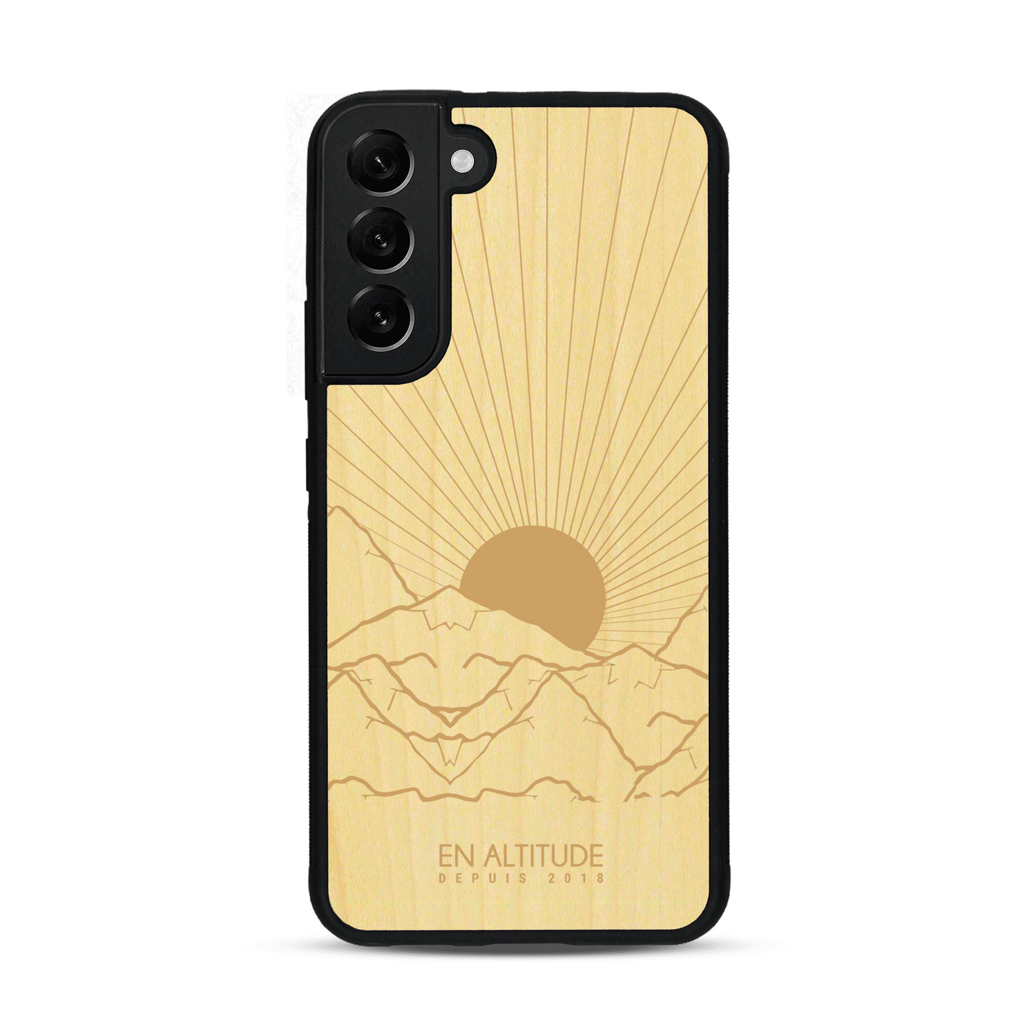 Coque de protection en bois véritable fabriquée en France pour  représentant des montagnes, sur le thème de la randonnée en pleine nature et du trail