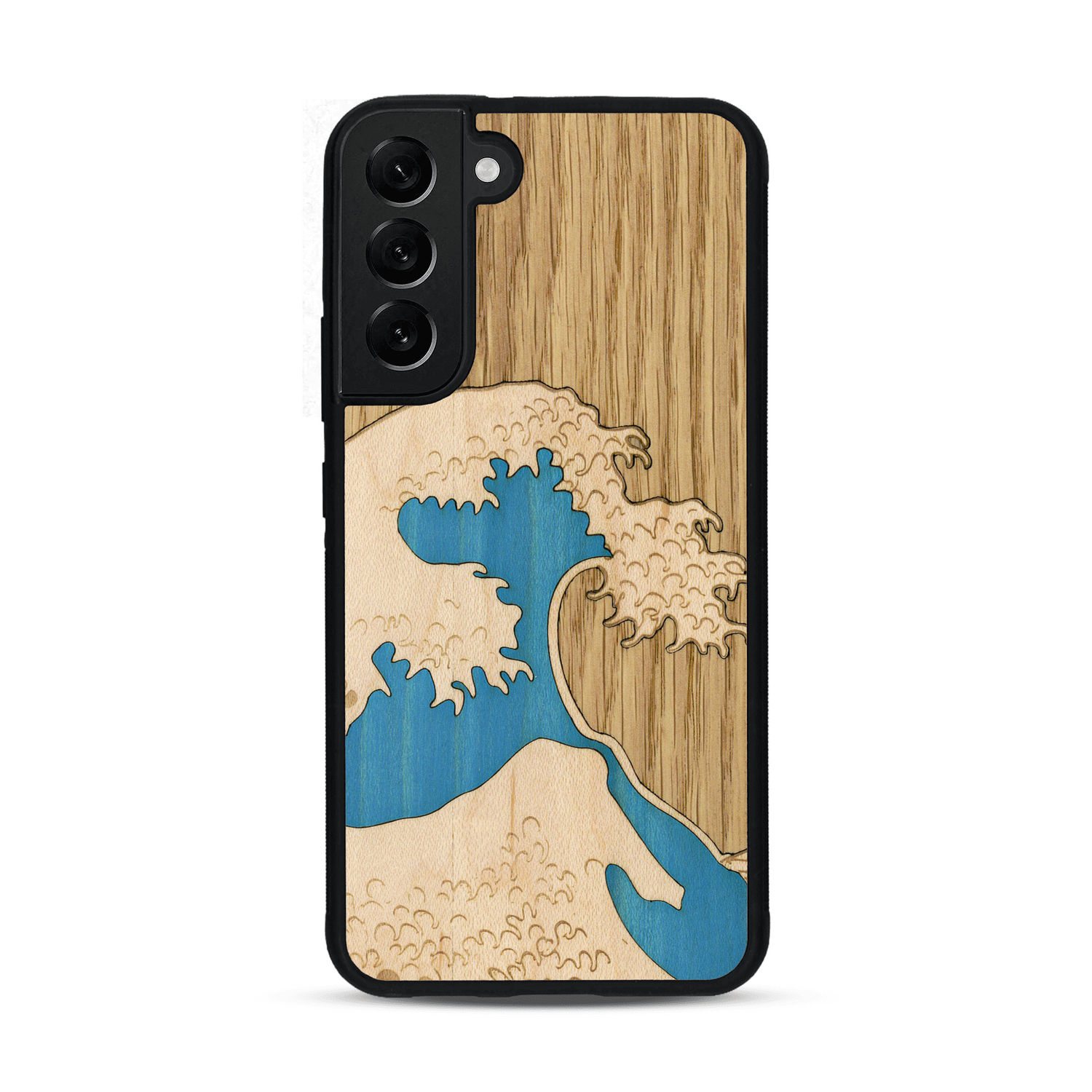 Coque de protection en bois véritable fabriquée en France pour  alliant plusieurs essences de bois pour représenter la célèbre grande vague de Kanagawa