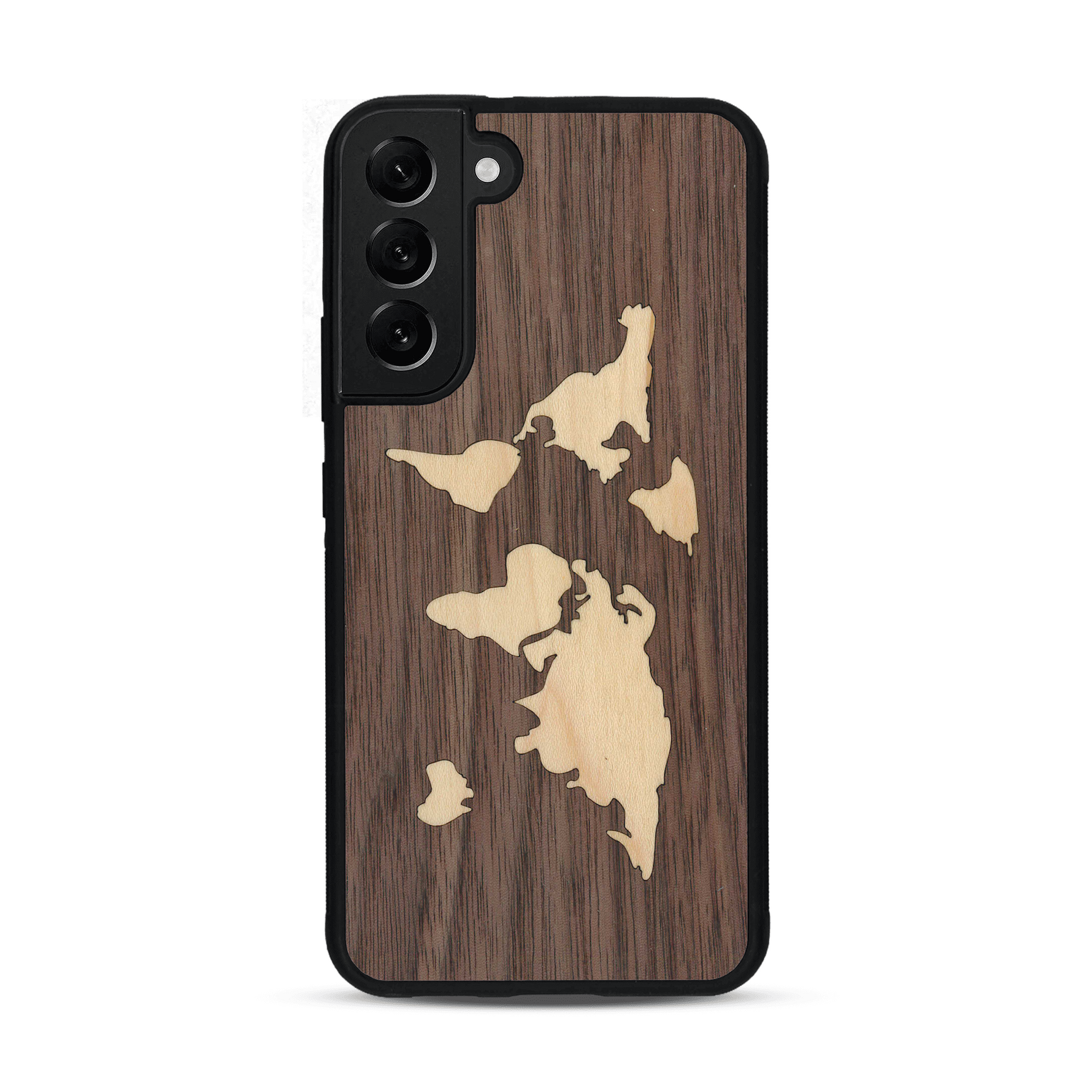 Coque de protection en bois véritable fabriquée en France pour  alliant du bambou et du noyer sur le thème du voyage et de l'aventure représentant une mappemonde