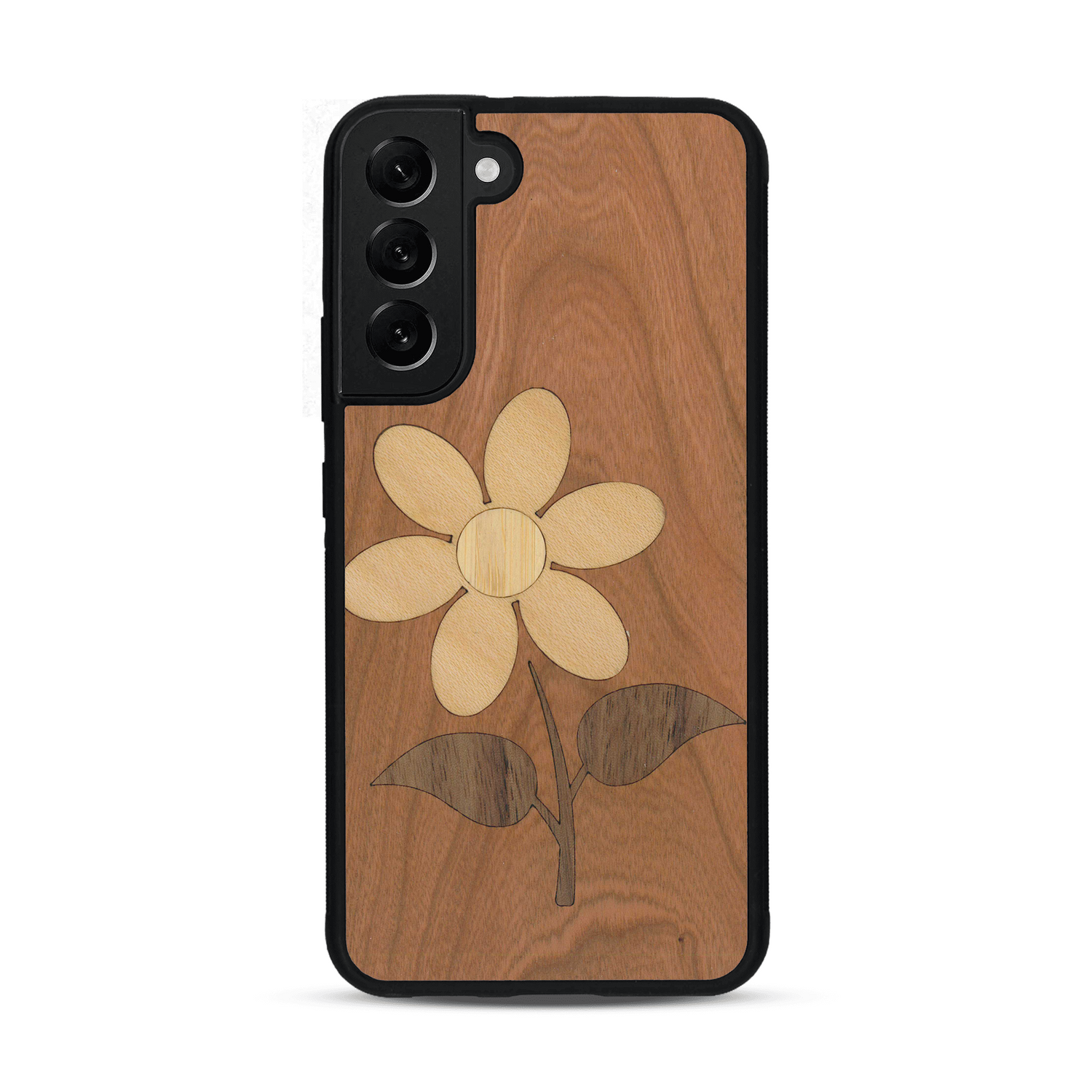 Coque de protection en bois véritable fabriquée en France pour  alliant plusieurs essences de bois pour représenter une marguerite