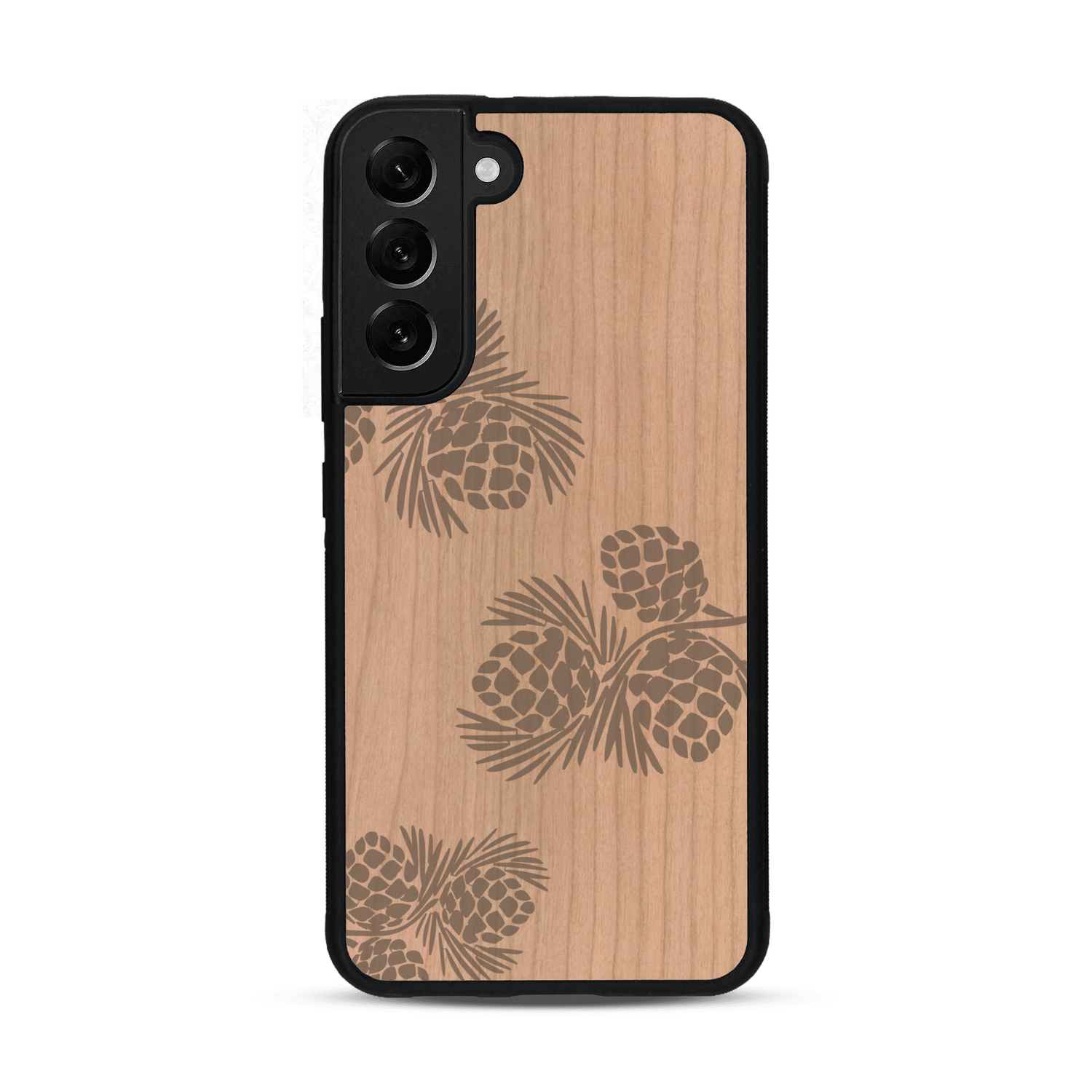 Coque de protection en bois véritable fabriquée en France pour  sur le thème de la nature des arbres avec un motif de gravure représentant des épines de sapin et des pommes de pin