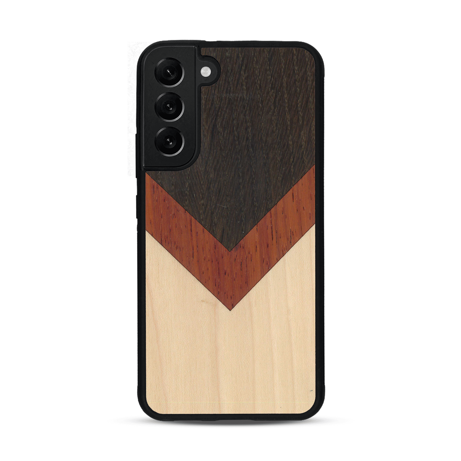 Coque de protection en bois véritable fabriquée en France pour  alliant du chêne fumé, du padouk et du bambou en forme de chevron sur le thème de l'art abstrait