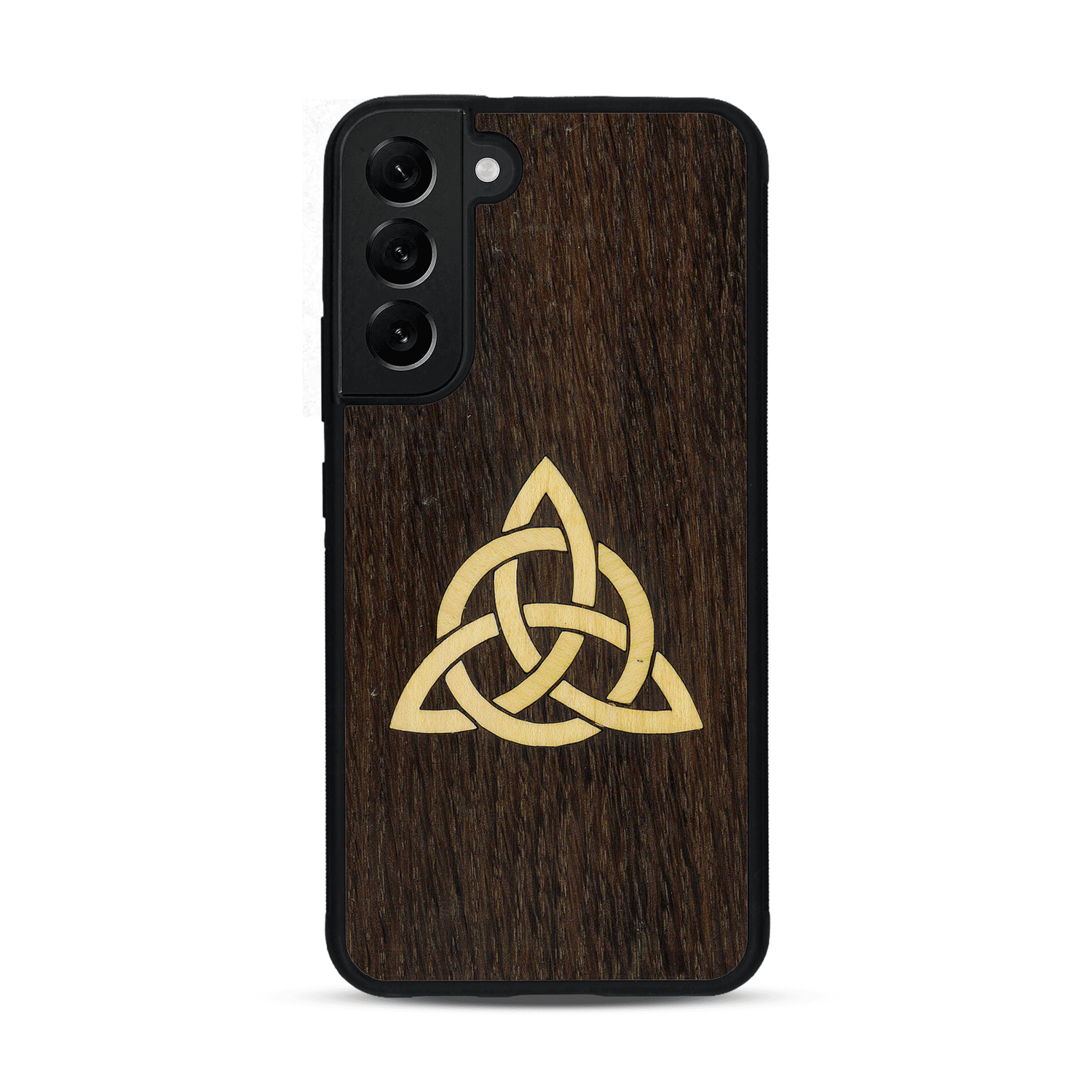 Coque de protection en bois véritable fabriquée en France pour  alliant du chêne fumé et du bambou représentant une triquetra