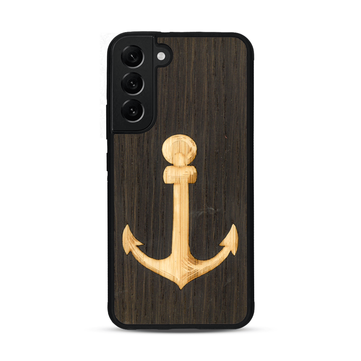 Coque de protection en bois véritable fabriquée en France pour  sur le thème nautique avec un bois clair et un bois foncé représentant une ancre de bateau