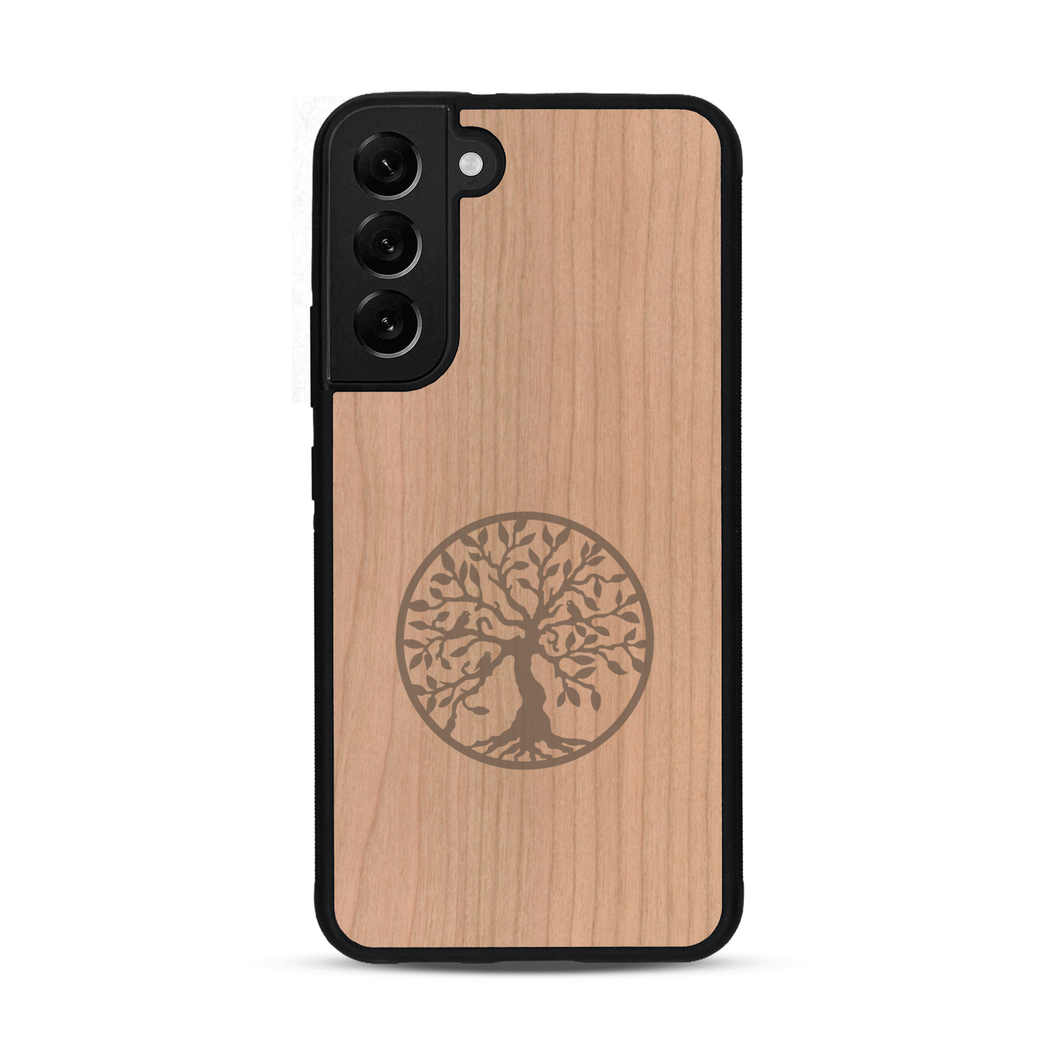 Coque de protection en bois véritable fabriquée en France pour  sur le thème de la spiritualité et du yoga avec une gravure zen représentant un arbre de vie
