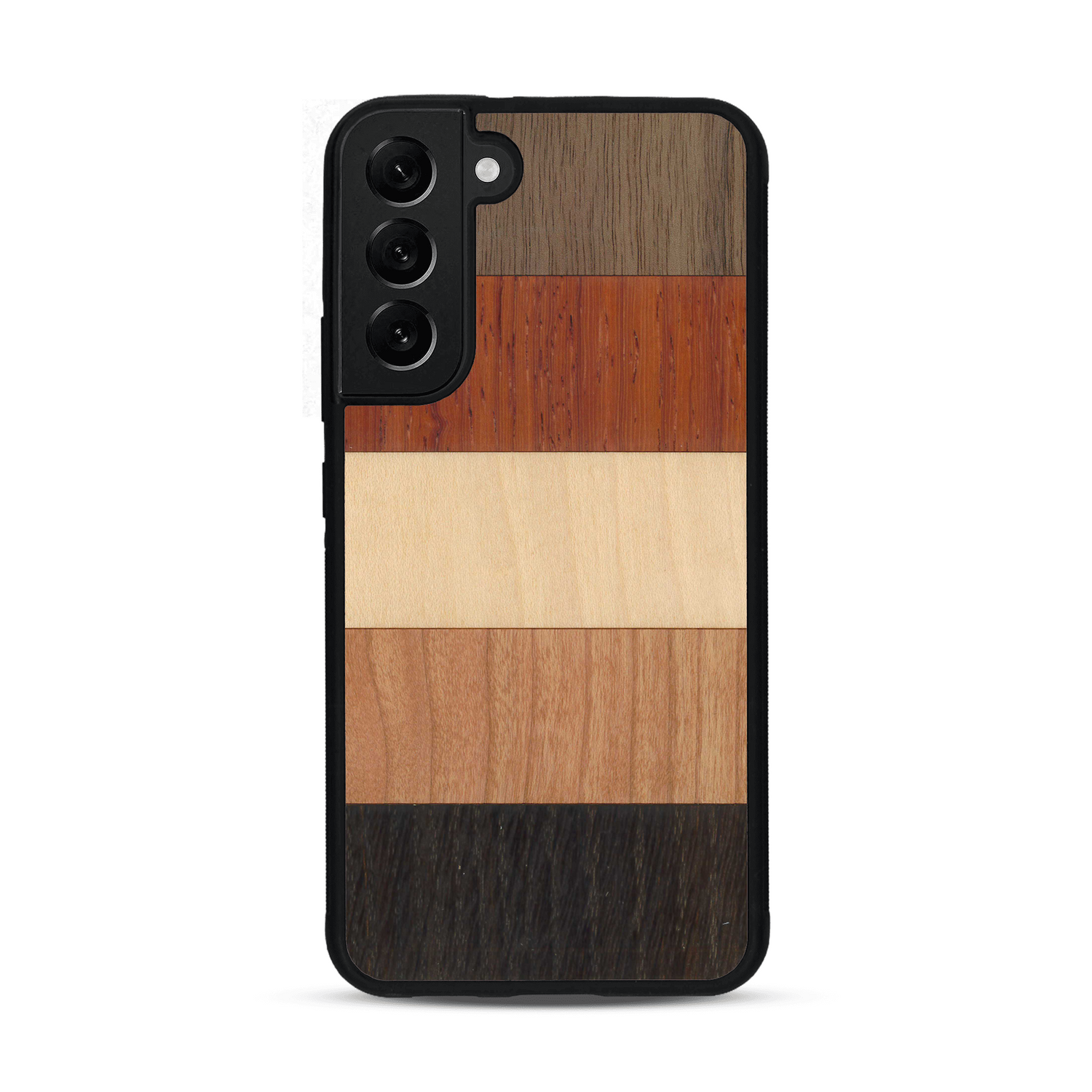 Coque de protection en bois véritable fabriquée en France pour  alliant des bandes horizontales de bambou, merisier, padouk, noyer et chêne fumé